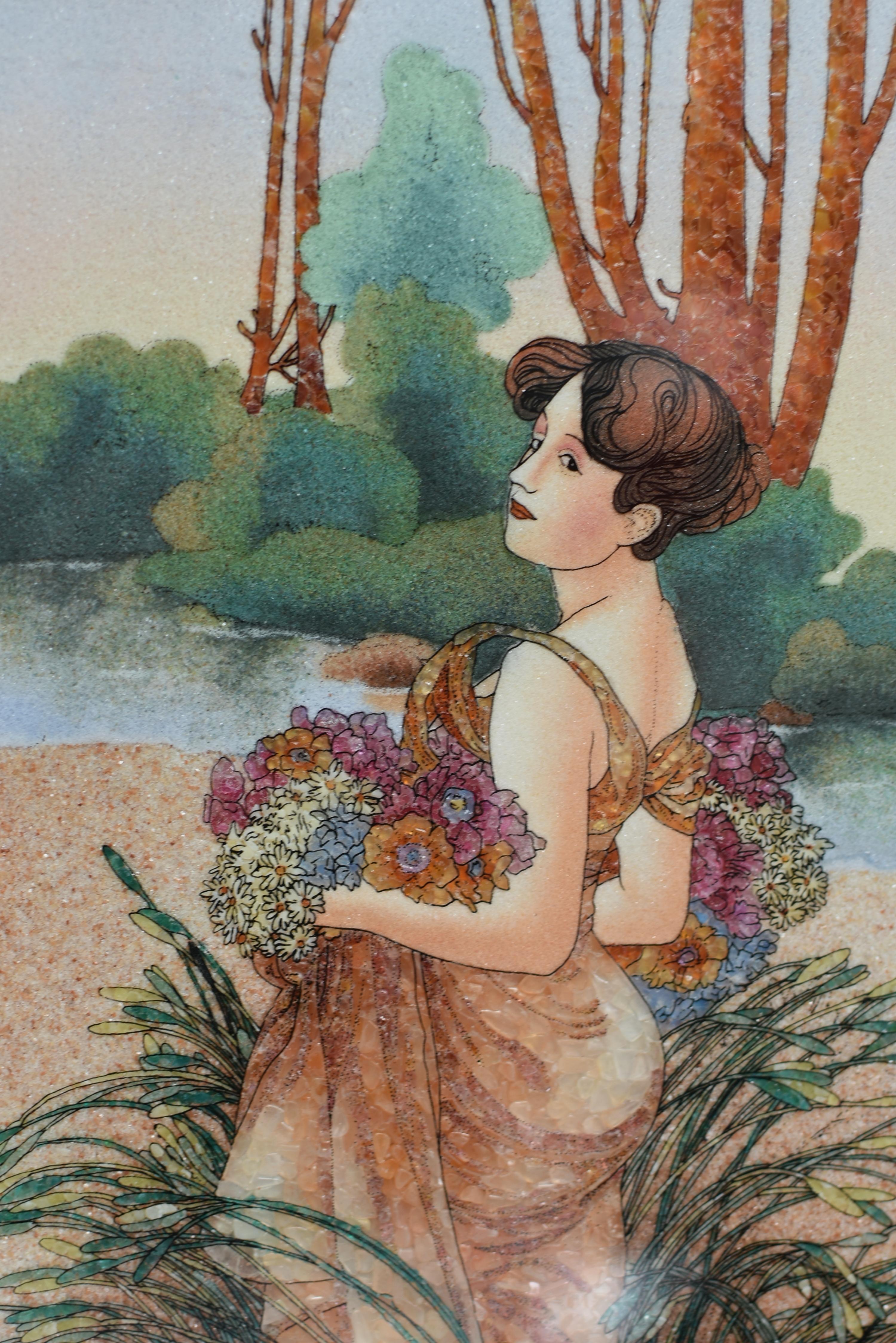 20th Century Gemstone Painting Modeled After Alphonse Mucha Summer Art Nouveau  For Sale