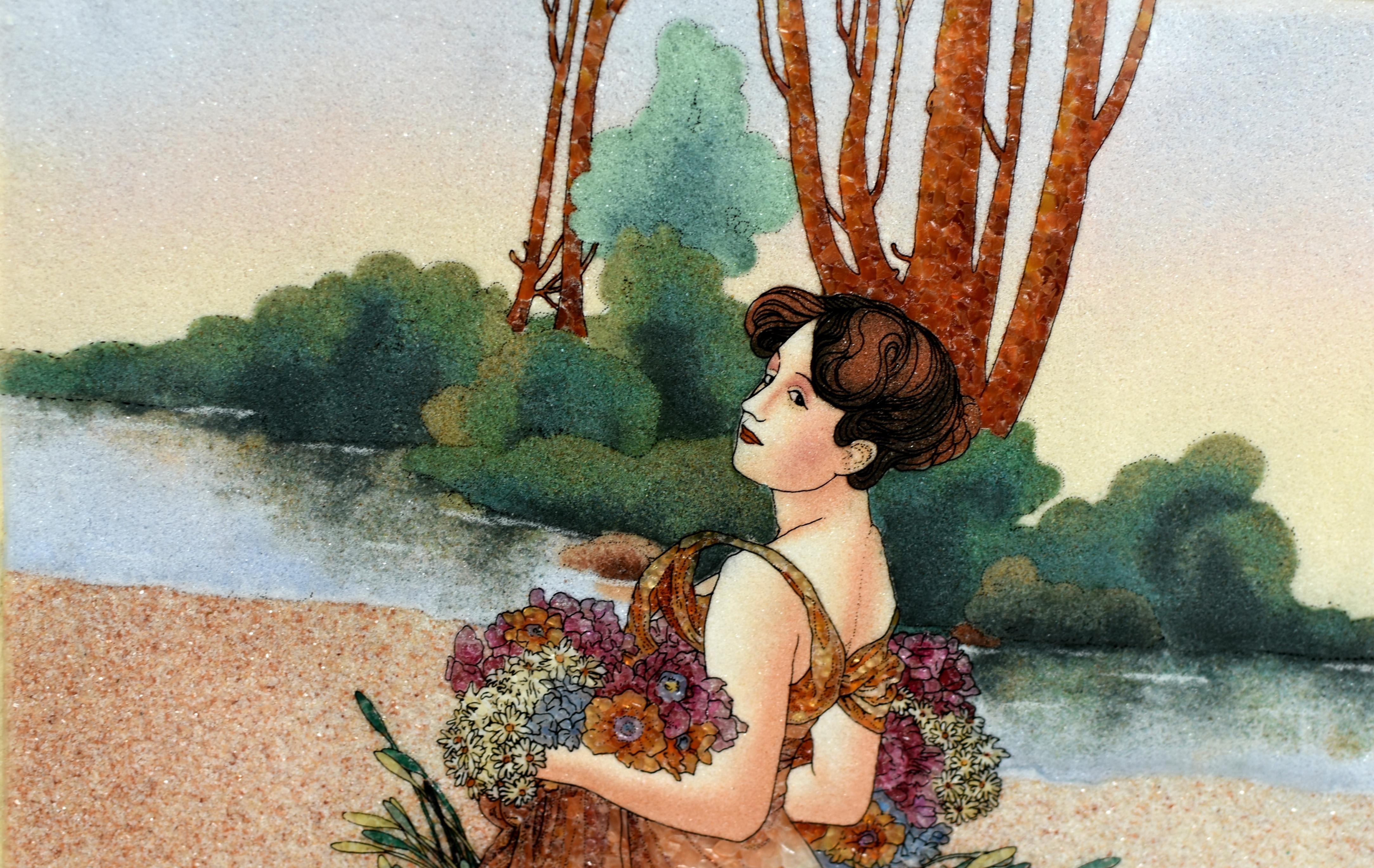 Gemälde mit Edelsteinen, Modelliert nach Alphonse Mucha, Jugendstil  (20. Jahrhundert) im Angebot