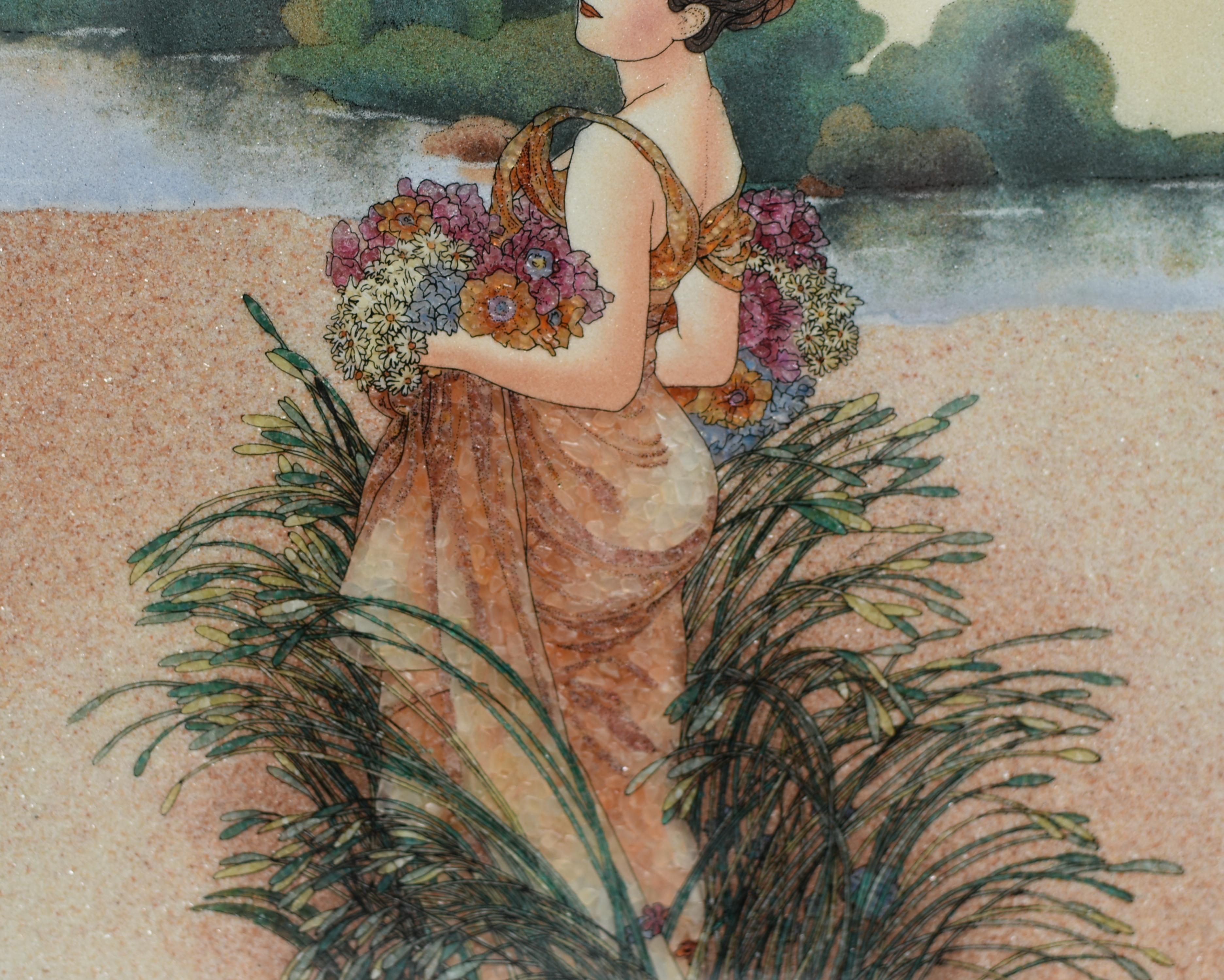 Gemälde mit Edelsteinen, Modelliert nach Alphonse Mucha, Jugendstil  (Edelsteinmix) im Angebot