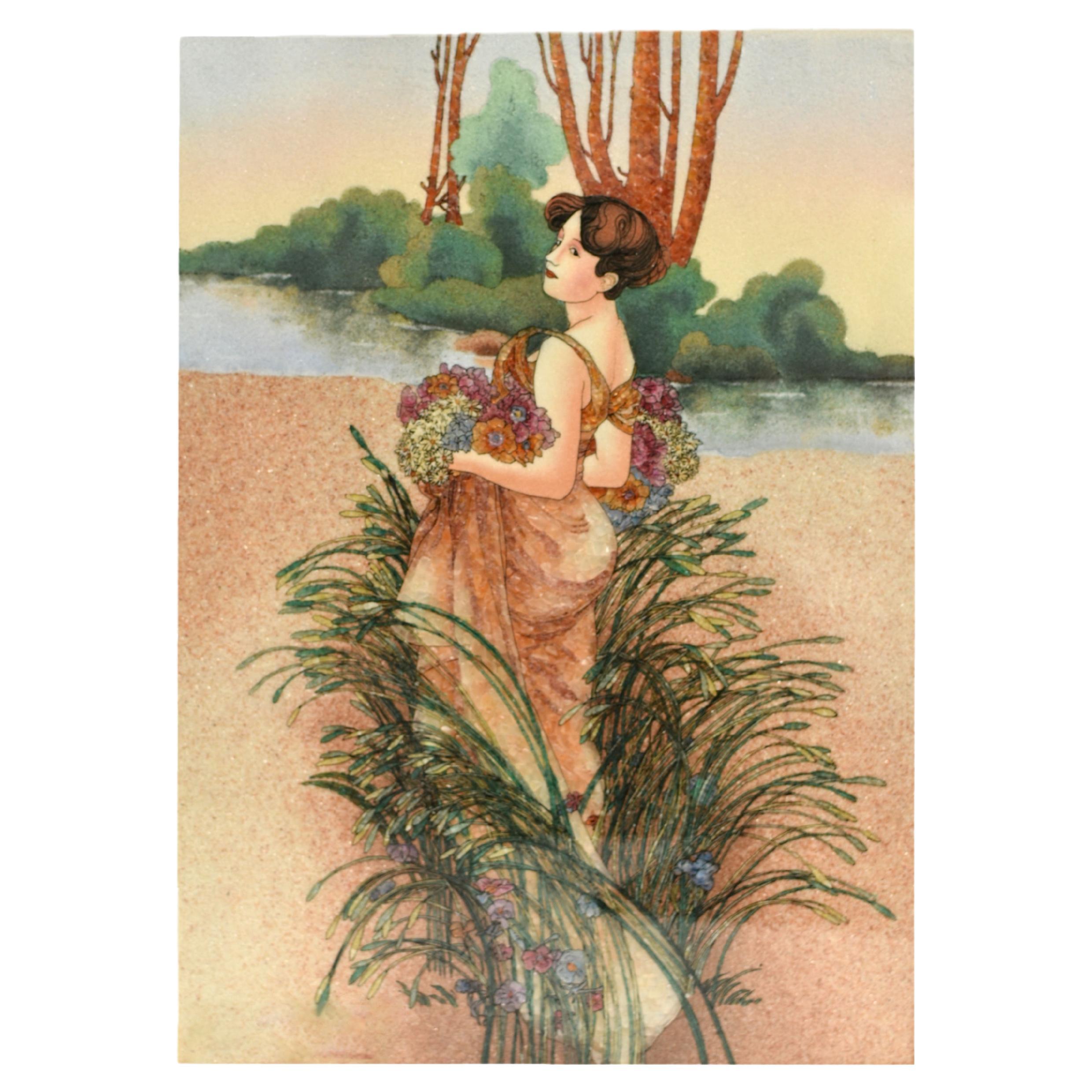Gemstone Painting Modeled After Alphonse Mucha Summer Art Nouveau  For Sale