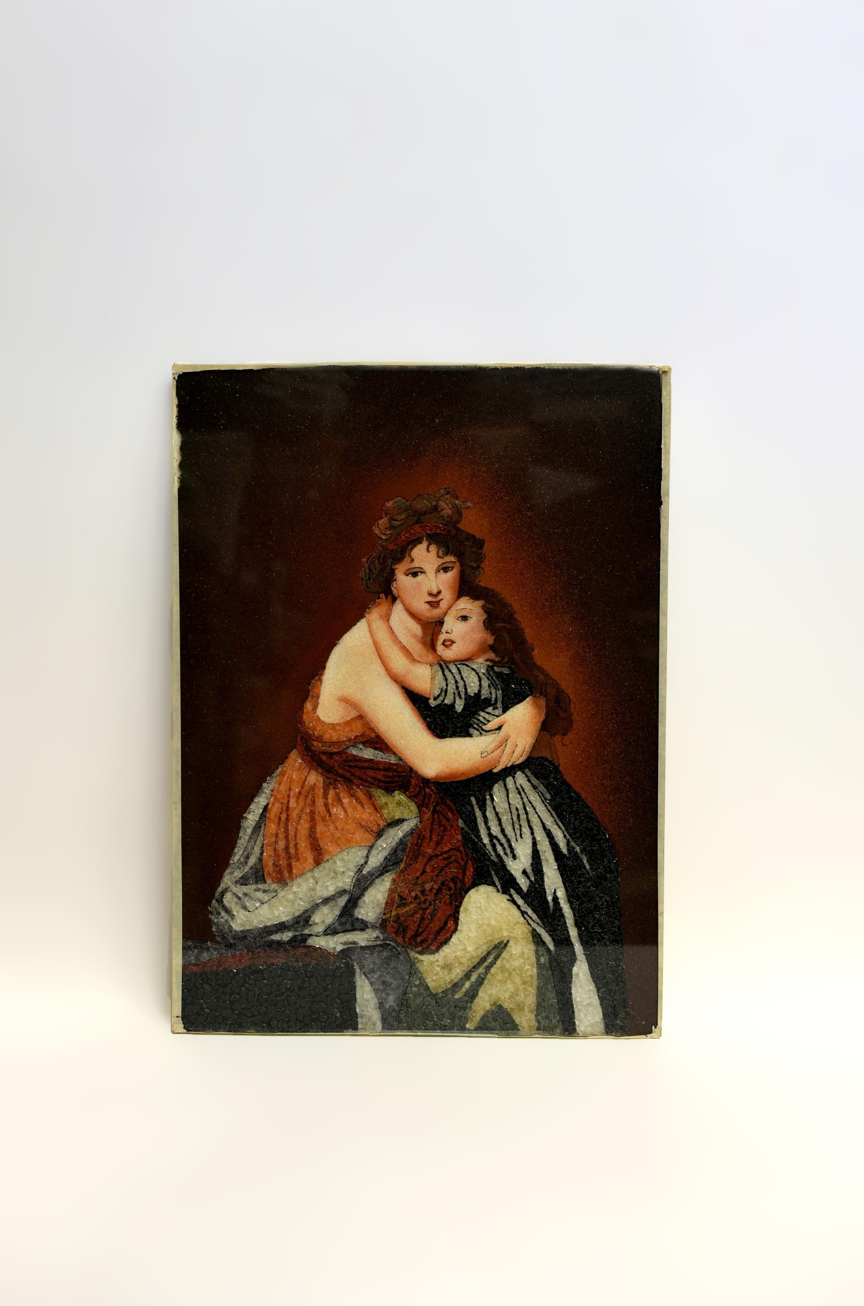A gem studded masterpiece, modeled after Elisabeth Vigee Le Brun's 18th century self portrait with her daughter Julie, depicting the timeless bond between mother and child. Executed on the reverse of glass and embellished with quartz to create a