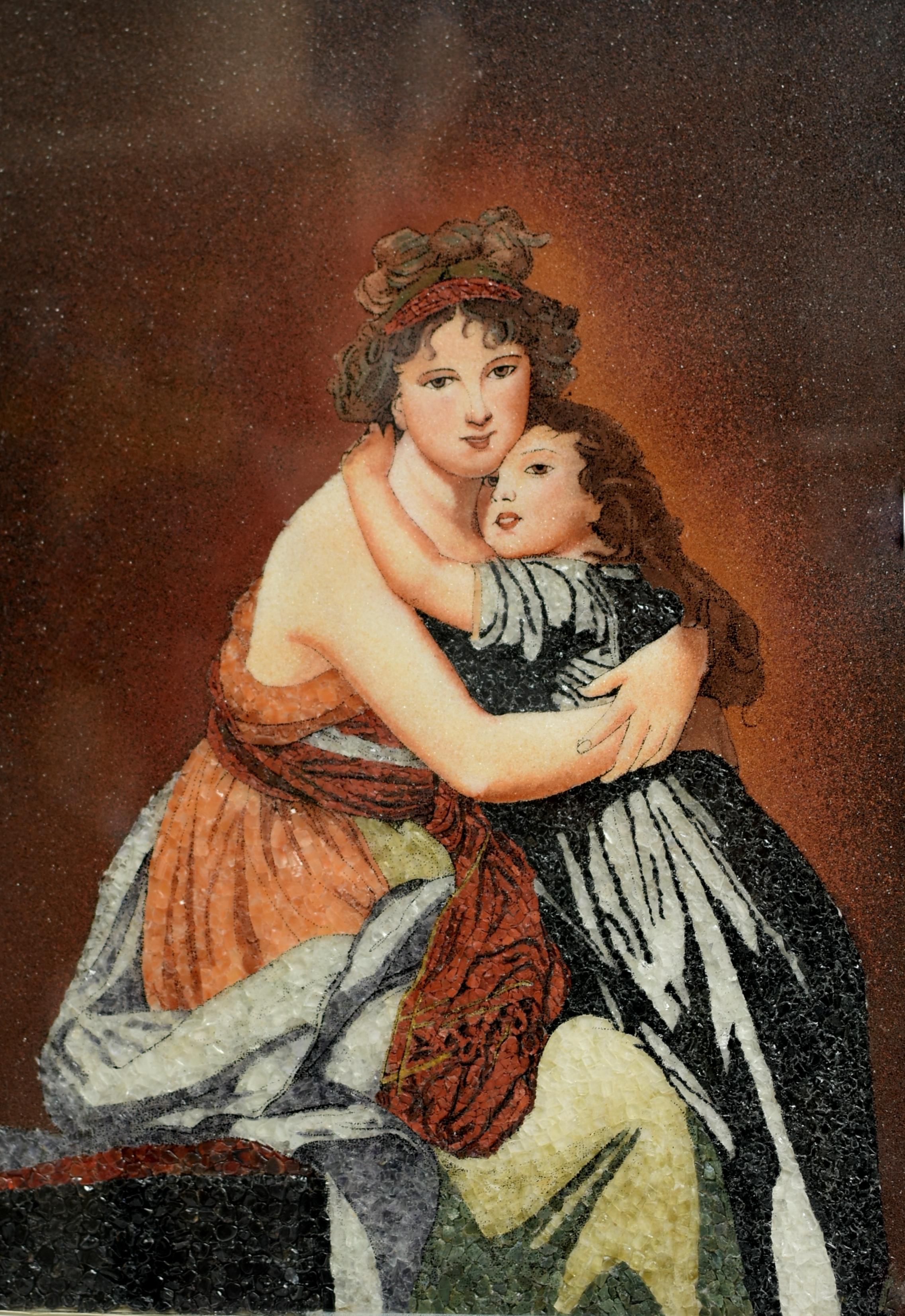Italian Gemstone Painting of Mother and Child Styled After Elisabeth Vigee Le Brun For Sale
