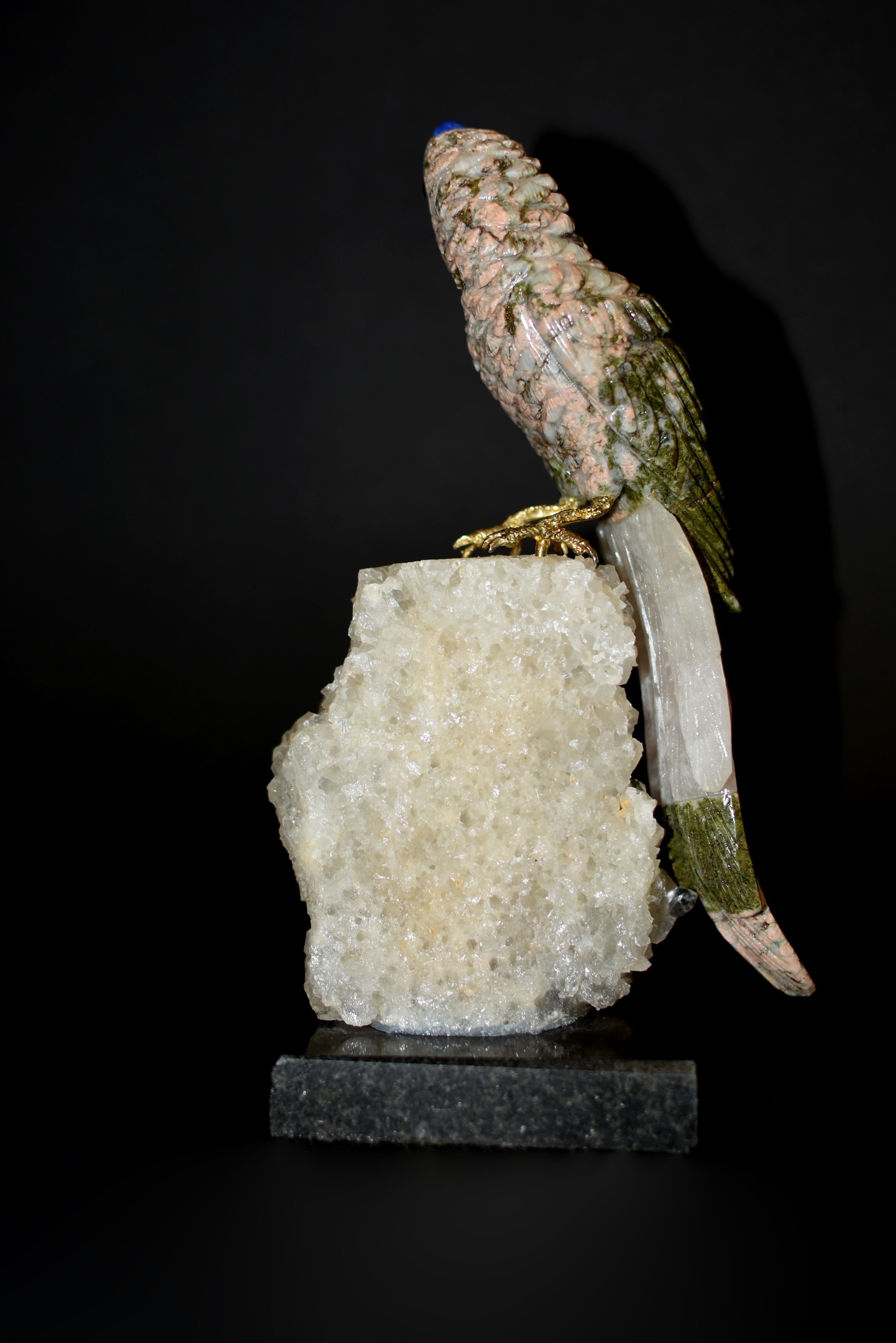 Gemstone Parrot on Rock Crystal In Excellent Condition In Somis, CA