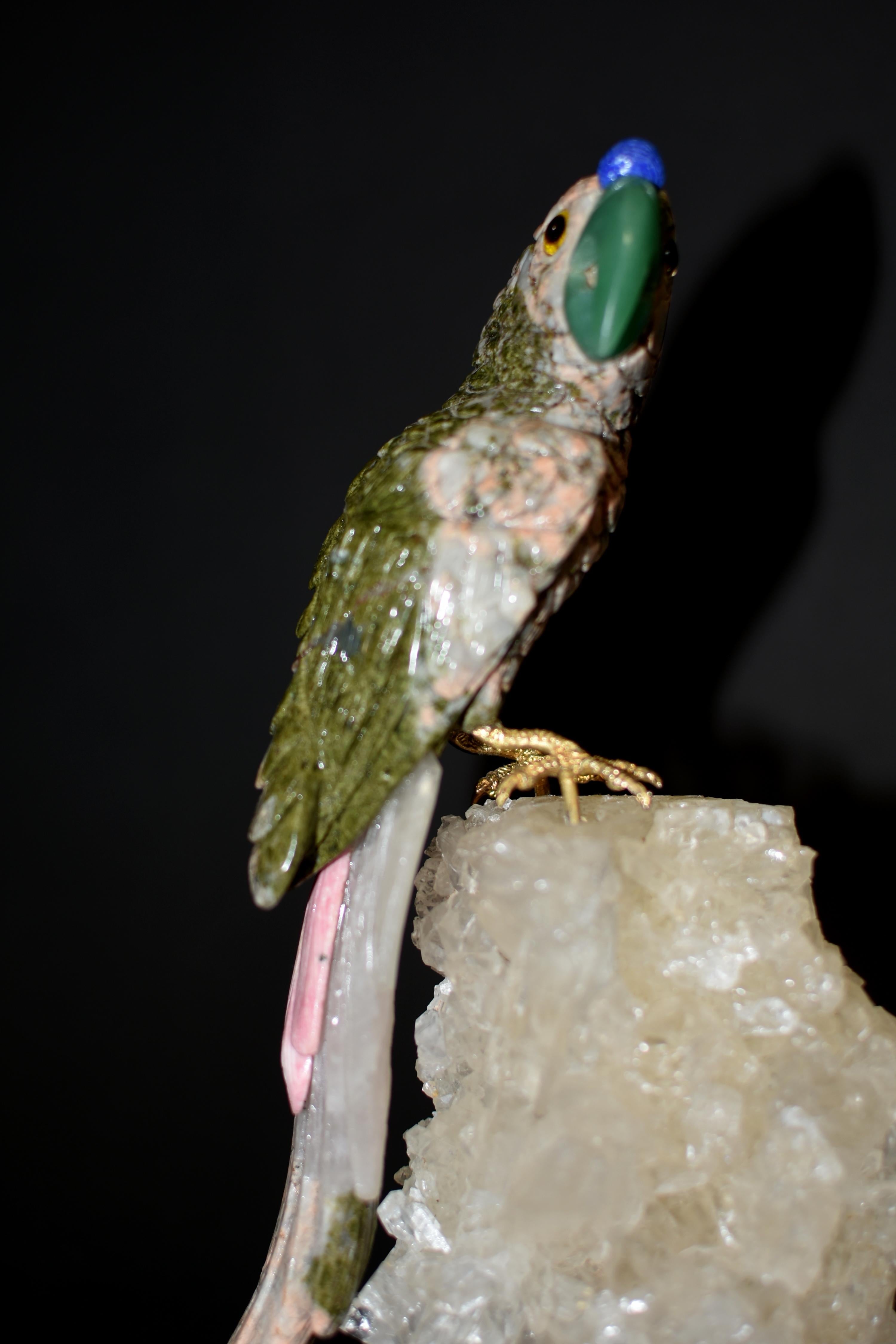 Multi-gemstone Gemstone Parrot on Rock Crystal