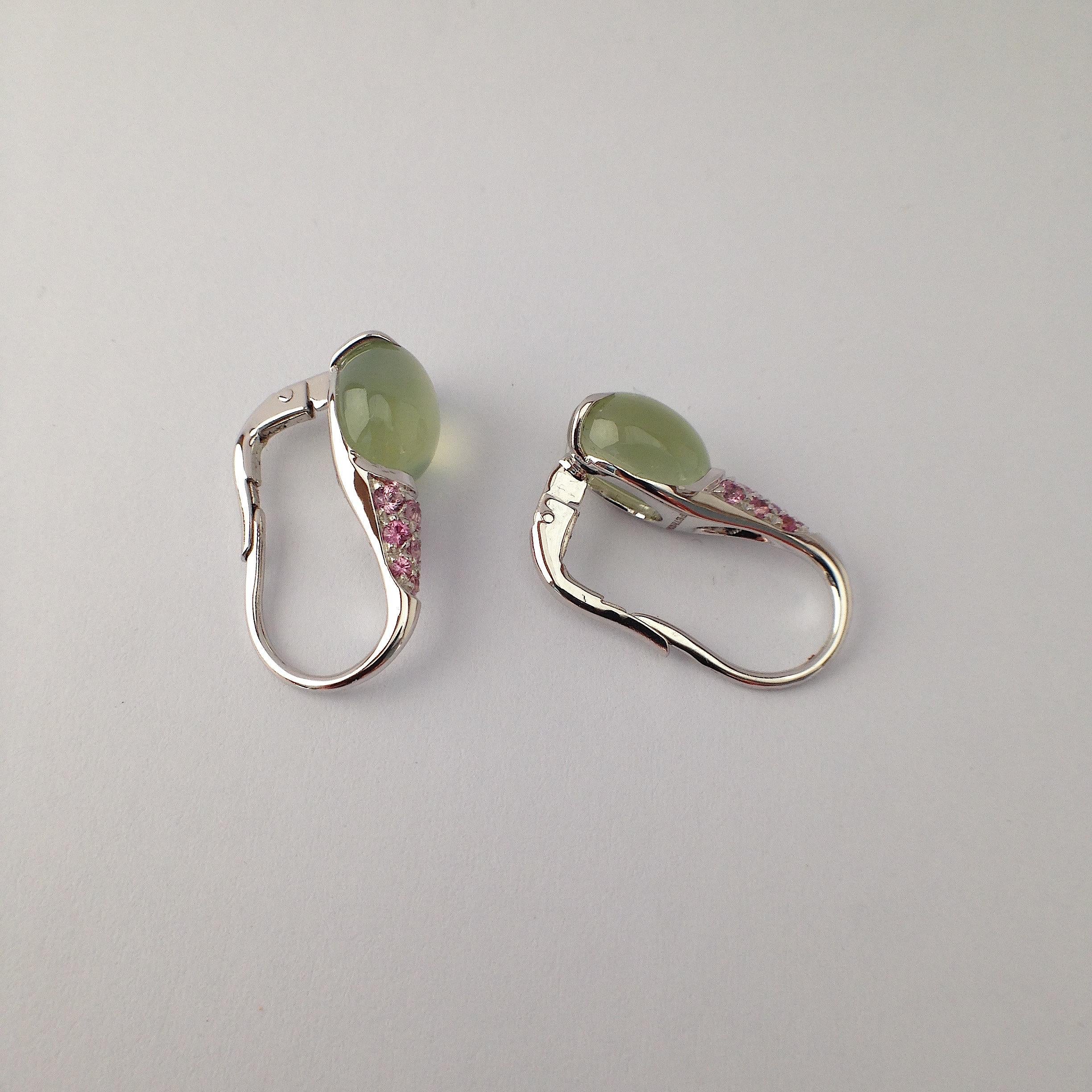 Gemstone Pink Sapphire Cabochon Prehnite 18Kt Gold Earrings Made in Italy In New Condition For Sale In Bussolengo, Verona