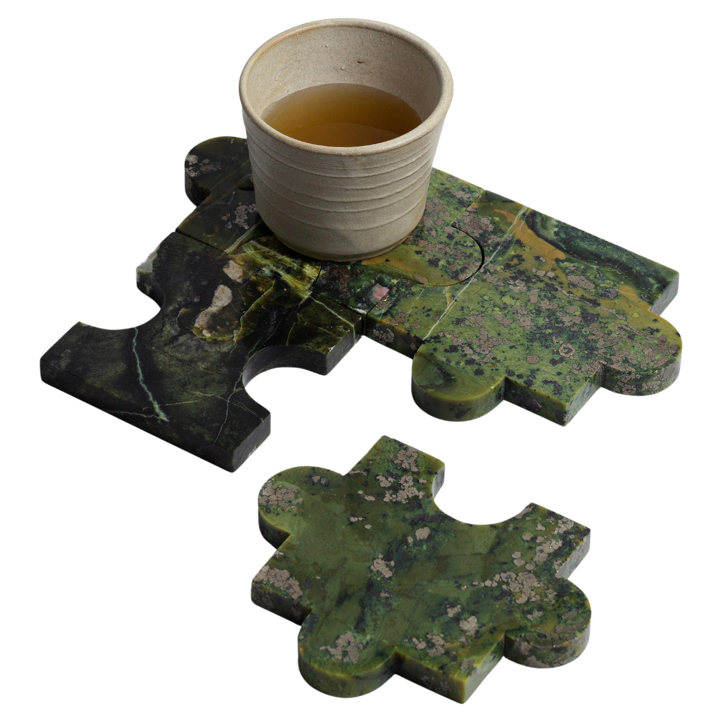 Gemstone Puzzle Piece Coasters – Set of 4 green serpentine stone