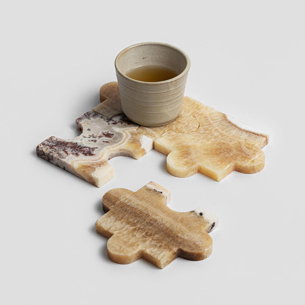 Peruvian Gemstone puzzle piece coasters – set of 4 Onyx Crema