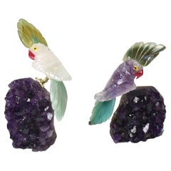 Gemstone Quartz Parrots Birds on Amethyst