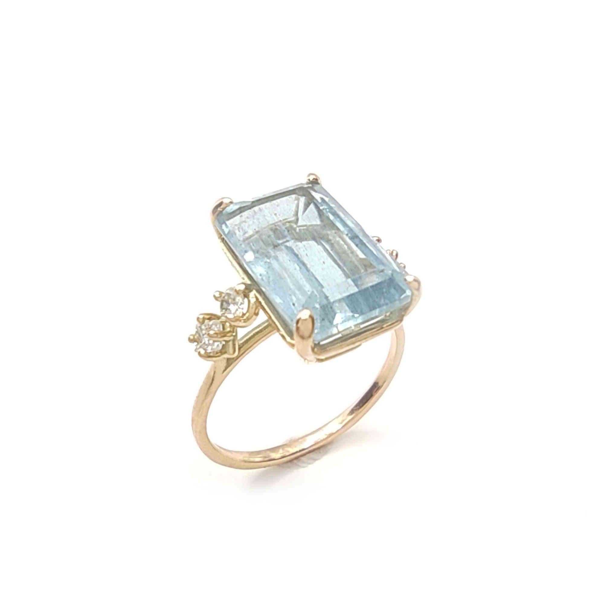 Emerald Cut Gemstone ring 14k Gold Aquamarine Ring Diamonds  Women Bridal  Rings Certified