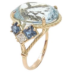 Gemstone Ring 14k gold Certified 7.36 ct Aguamarine 0.77ct sapphires Diamonds