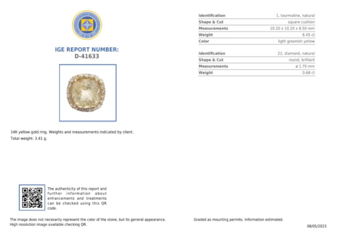 Handmade 14k Gold Ring  Certified 6.45 Carat Yellow Tourmaline 0.68 ct Diamonds For Sale 5
