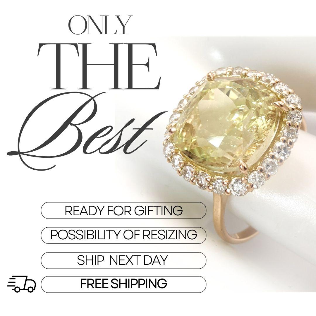 Women's Luxurious Handmade 14k Gold Ring with Certified Yellow Tourmaline and Diamonds For Sale