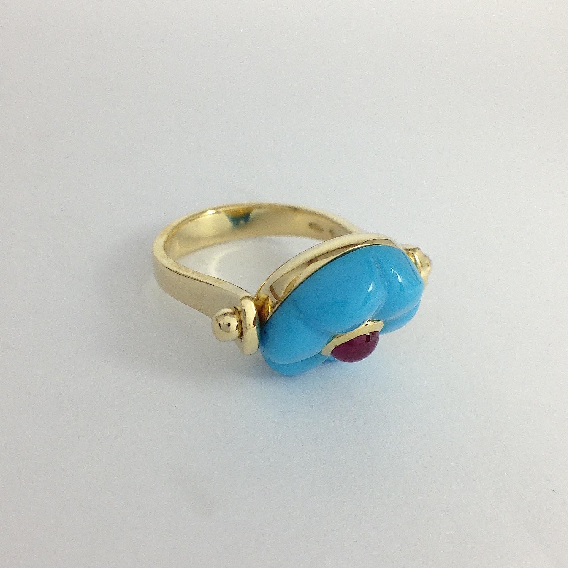 Made in Italy Gemstone Ruby Turquoise 18 Karat Gold Roman Style Turnable Ring 5