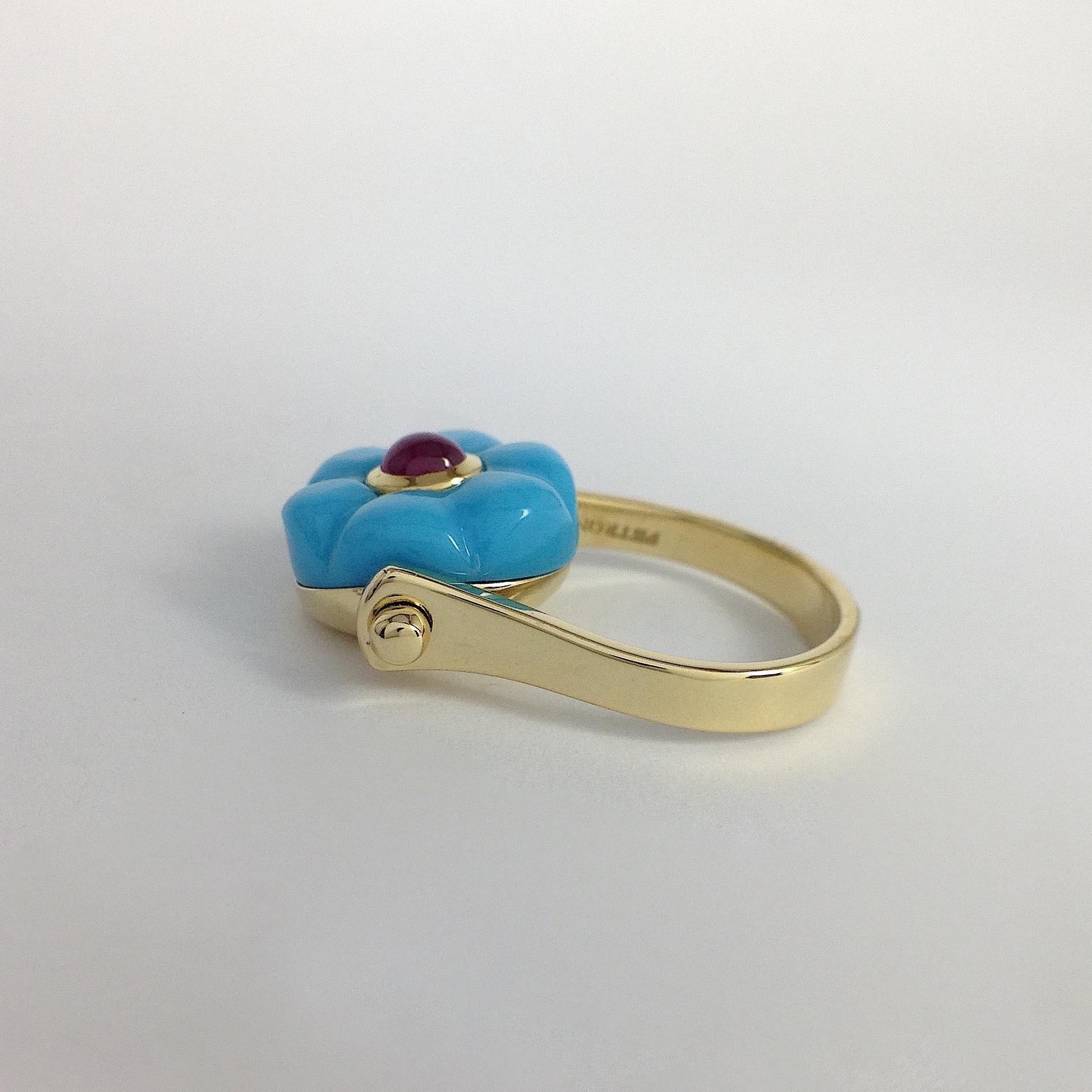 Made in Italy Gemstone Ruby Turquoise 18 Karat Gold Roman Style Turnable Ring 8