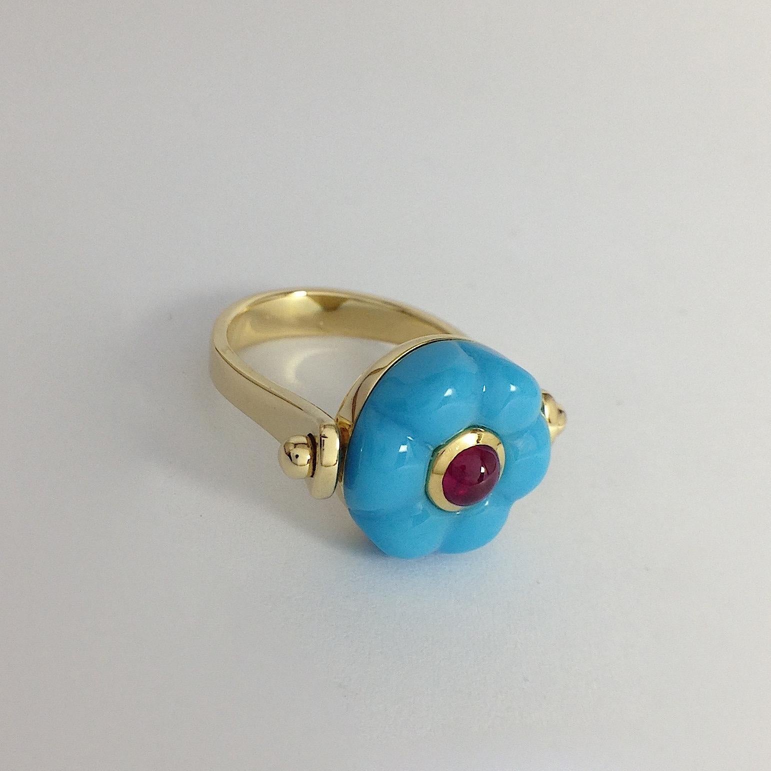 Classical Roman Made in Italy Gemstone Ruby Turquoise 18 Karat Gold Roman Style Turnable Ring