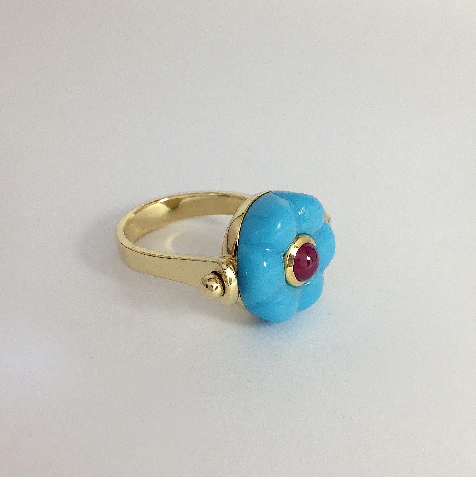 Made in Italy Gemstone Ruby Turquoise 18 Karat Gold Roman Style Turnable Ring In New Condition In Bussolengo, Verona
