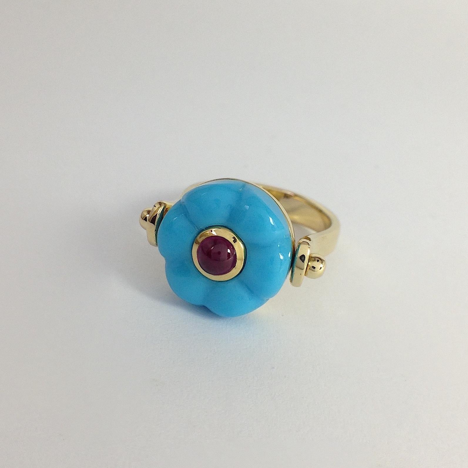 Women's Made in Italy Gemstone Ruby Turquoise 18 Karat Gold Roman Style Turnable Ring
