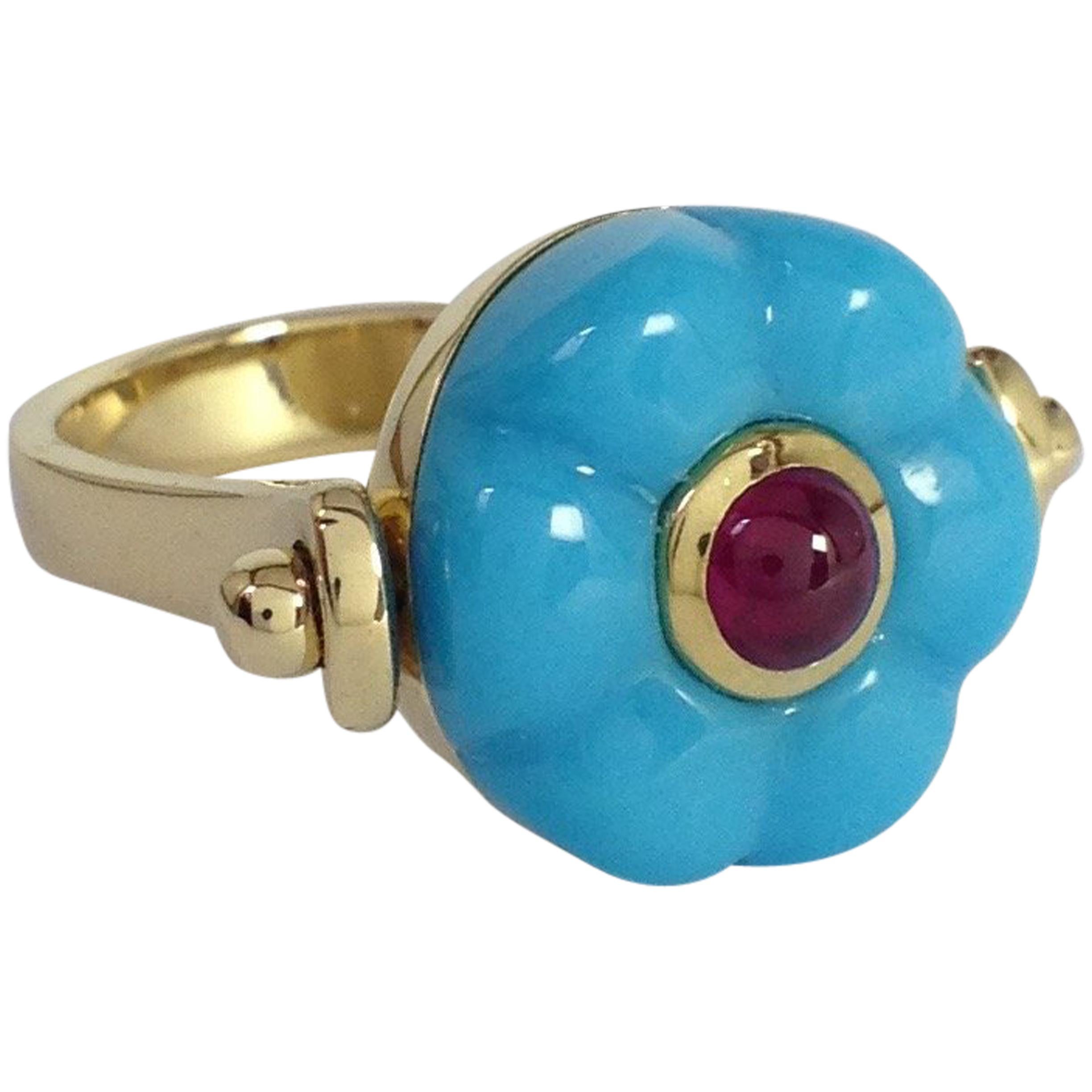 Made in Italy Gemstone Ruby Turquoise 18 Karat Gold Roman Style Turnable Ring