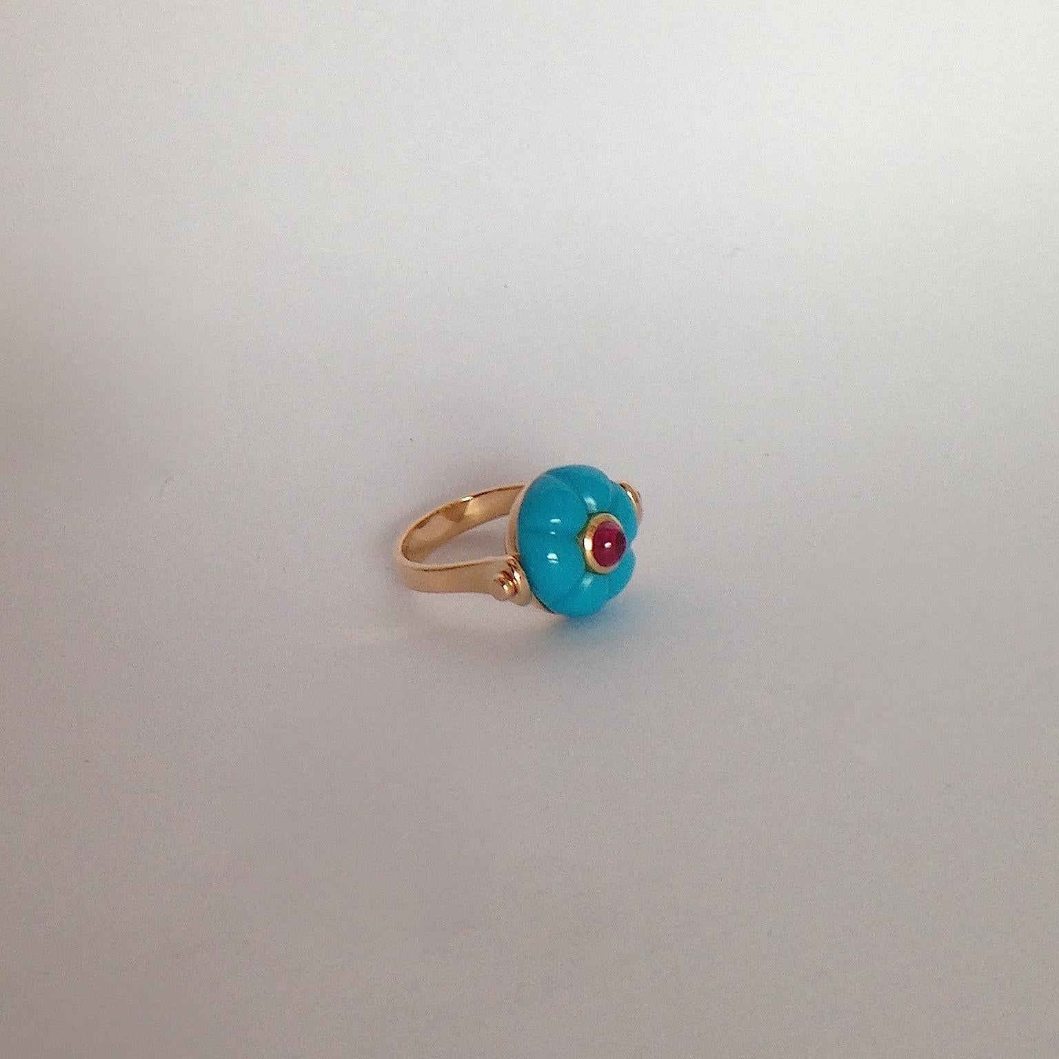 Gemstone Ruby Turquoise 18K Gold Roman Style Reversible Ring 5