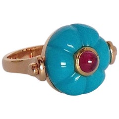 Gemstone Ruby Turquoise 18K Gold Roman Style Reversible Ring