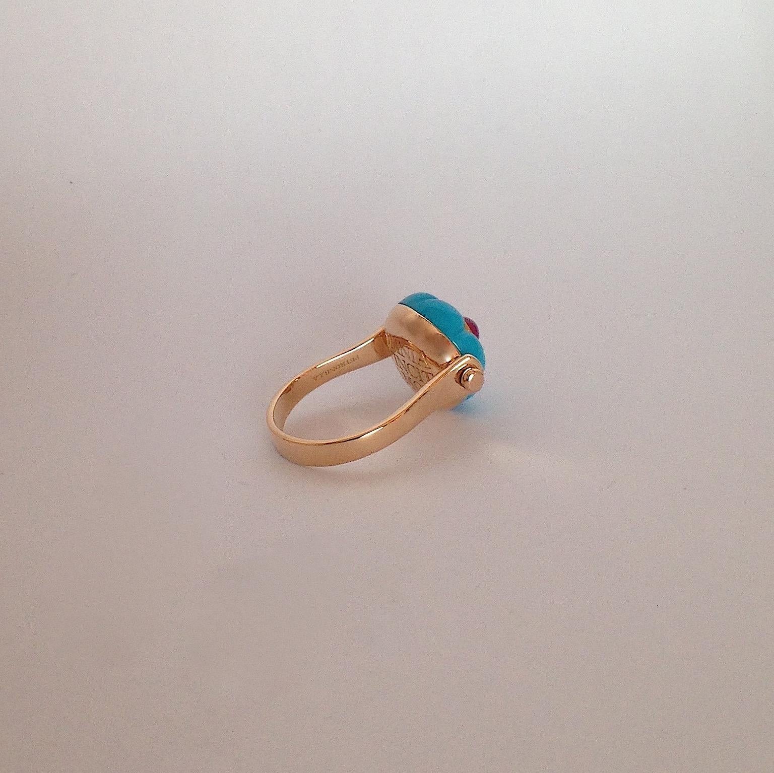 Women's Gemstone Ruby Turquoise 18K Gold Roman Style Reversible Ring