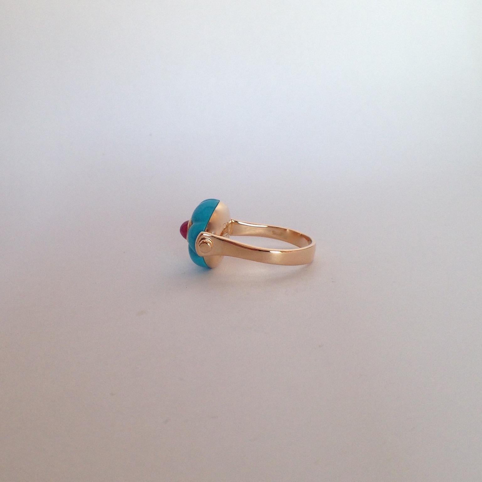 Gemstone Ruby Turquoise 18K Gold Roman Style Reversible Ring 4