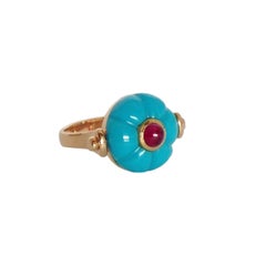 Gemstone Ruby Turquoise 18K Gold Roman Style Reversible Ring