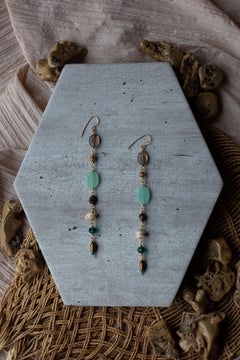 Gold Vintage Multi-Gemstone Emerald, Mint Chalcedony, Coral Dangle Earrings