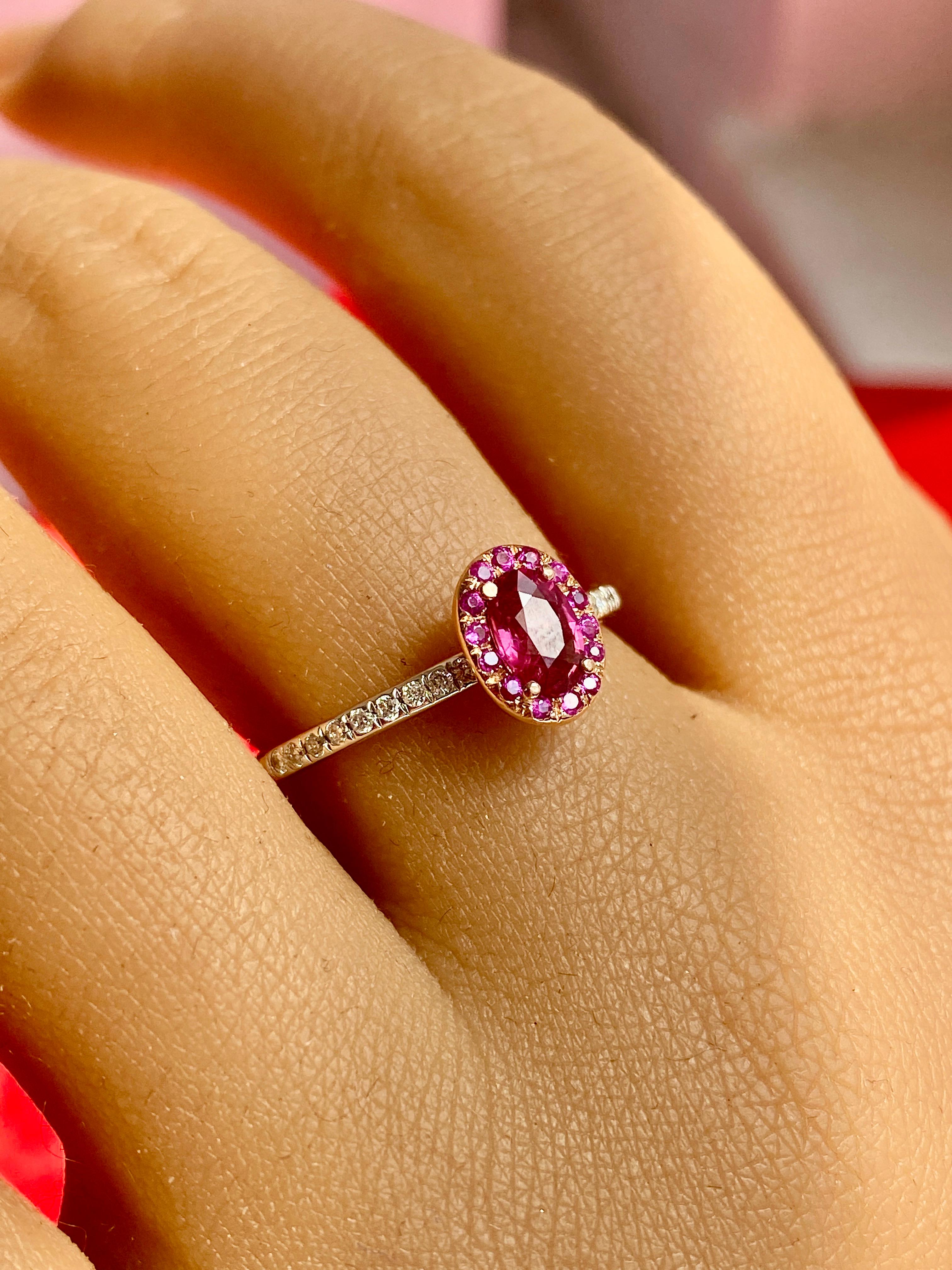 Modern Gemstone Solitaire Ring, Ruby & Diamond Ring, Stackable 14k Rose Solid Gold Ring For Sale