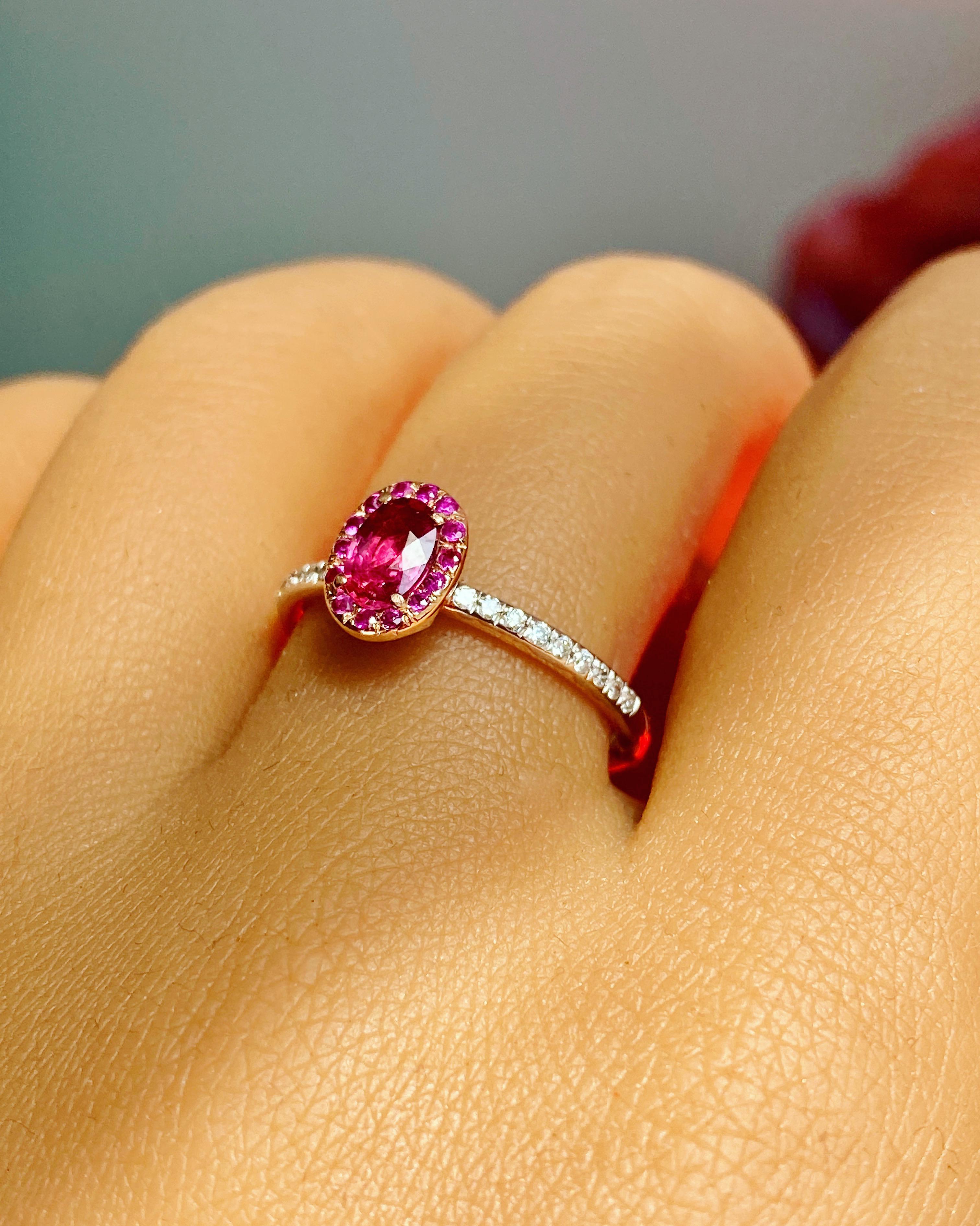 Gemstone Solitaire Ring, Ruby & Diamond Ring, Stackable 14k Rose Solid Gold Ring In New Condition For Sale In New York, NY