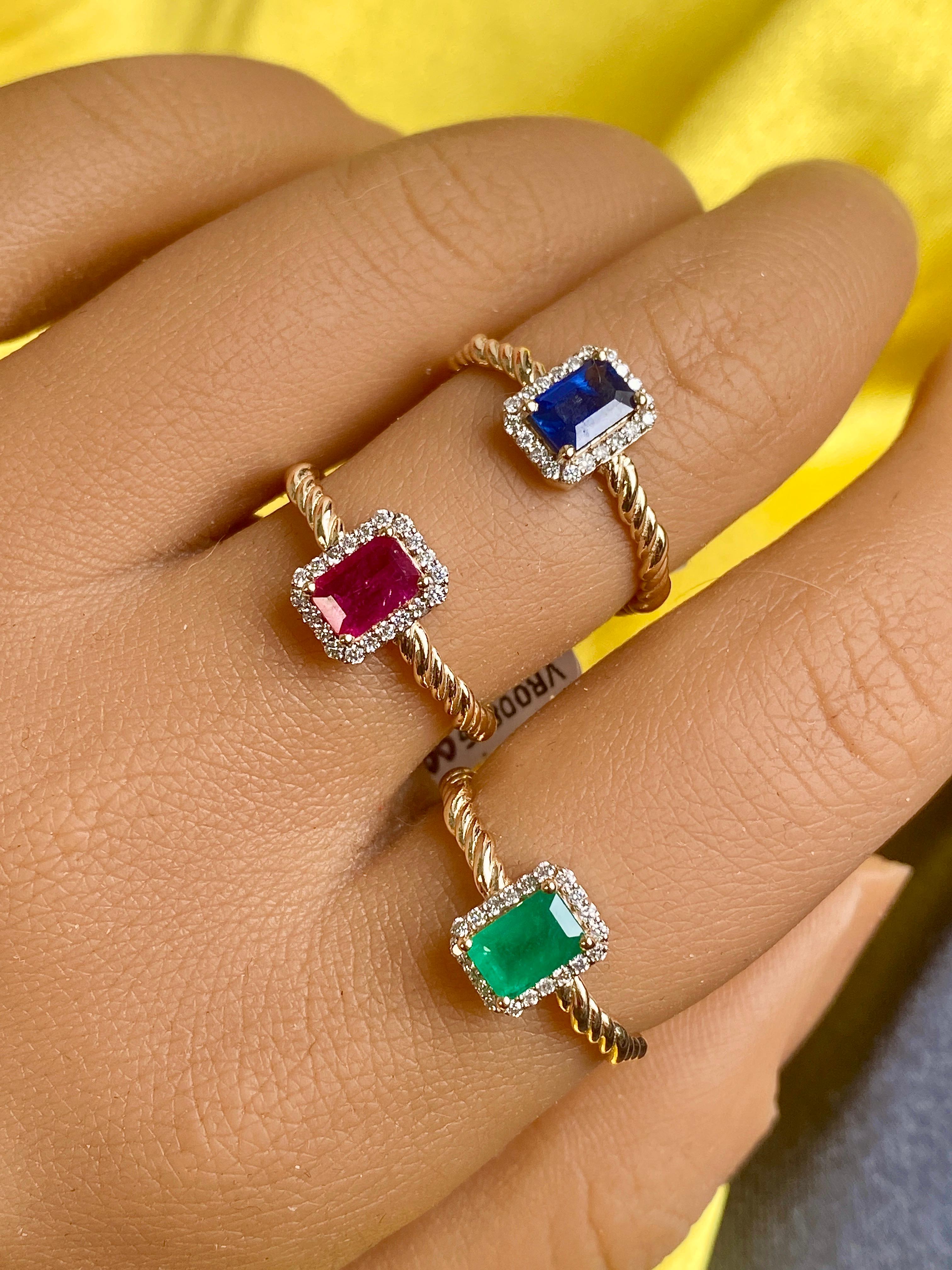 Emerald Cut Gemstone Solitaire Rings, Ruby Ring, Emerald Ring, Sapphire Ring, 14k Gold Ring For Sale