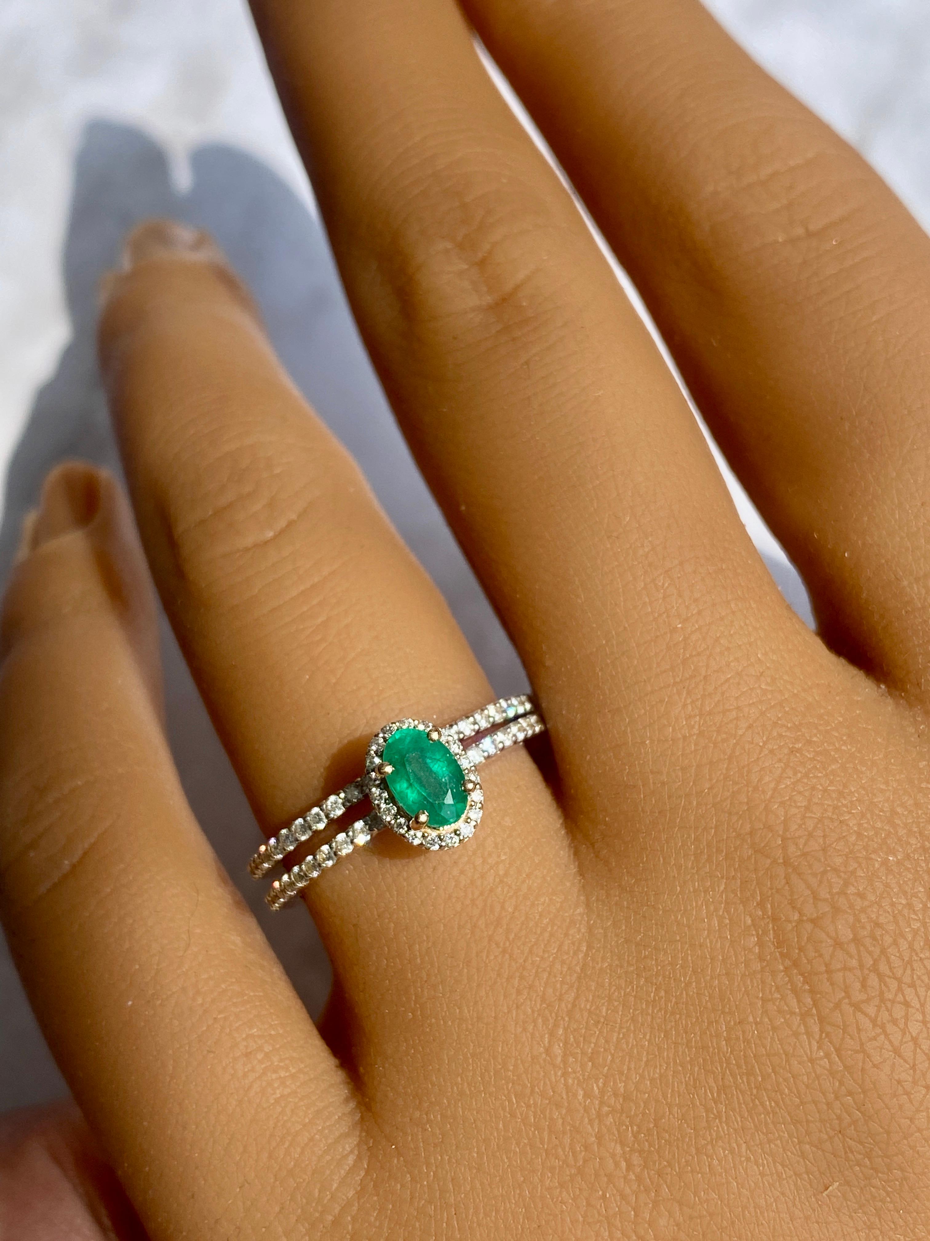 ** Each ring is sold separately **

Emerald Ring: 
14K Yellow Gold- 3.34 Grams 
Oval Emerald- 0.58 CTS / 1 PC
Round Diamonds- 0.42ct / 64 PCS

Ruby Ring:
14K Yellow Gold- 3.29 Grams 
Oval Ruby- 0.57 cts / 1 PC
Round Diamonds- 0.42 CTS / 64 OCS

Blue