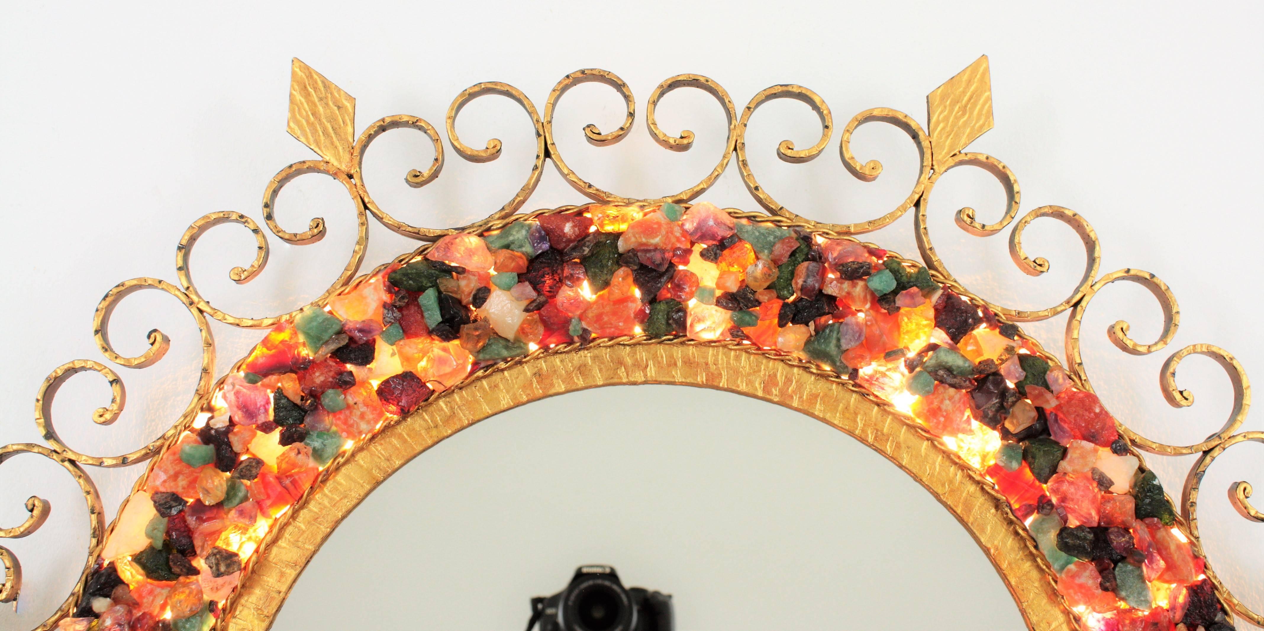 Sunburst Backlit Wall Mirror with Gemstone Gilt Iron Scrollwork Frame For Sale 6