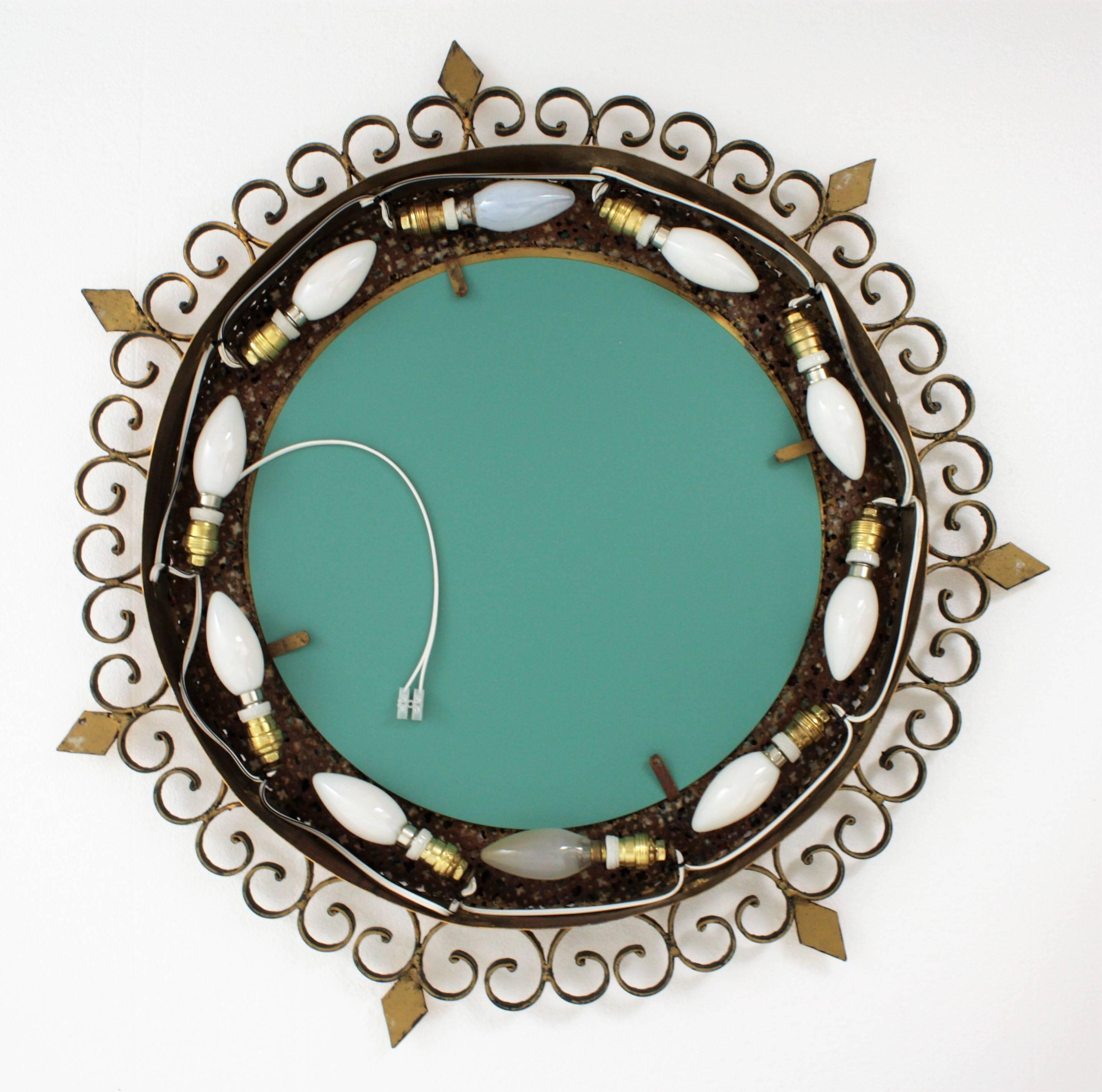 Sunburst Backlit Wall Mirror with Gemstone Gilt Iron Scrollwork Frame For Sale 9