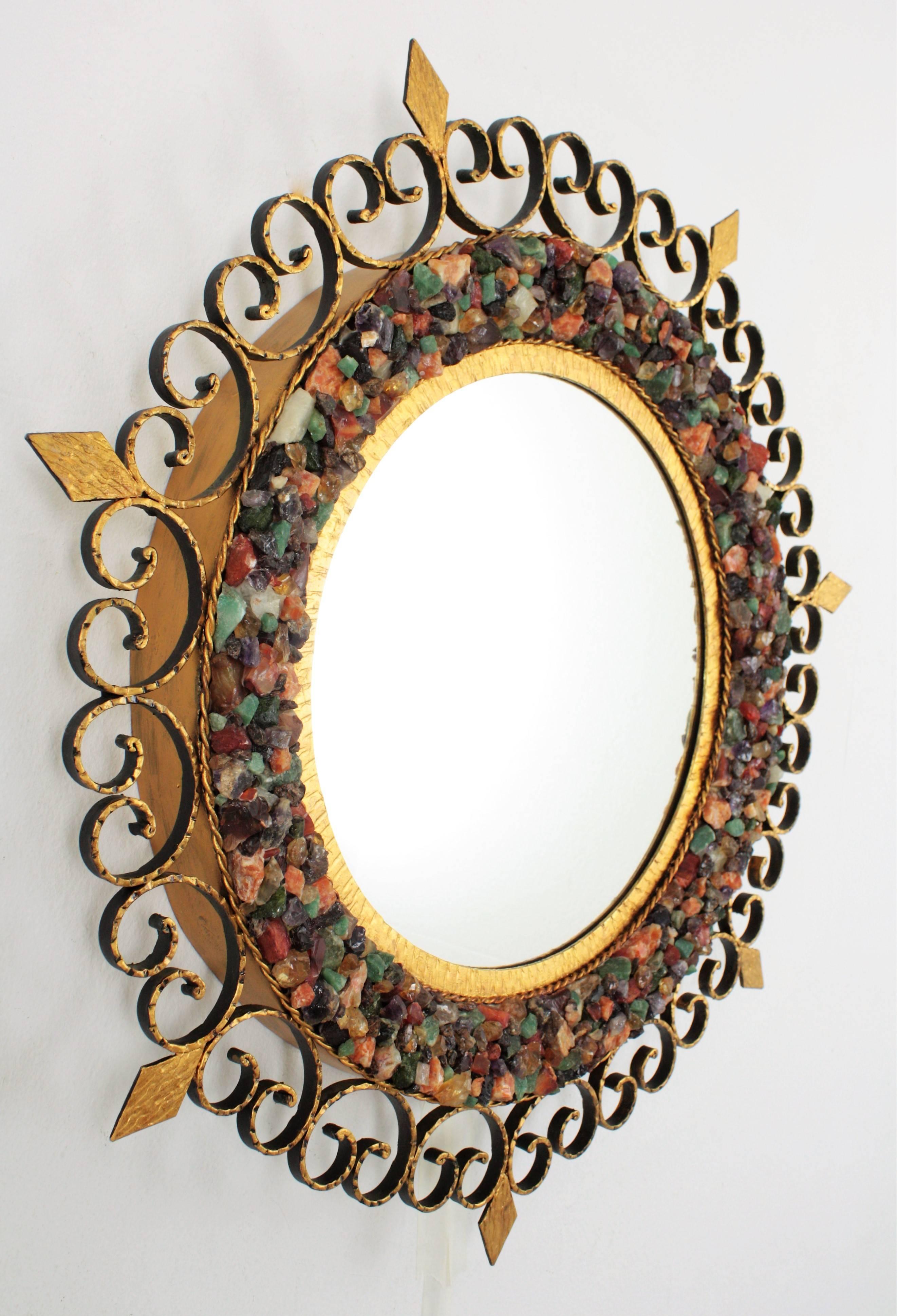 Mid-Century Modern Sunburst Backlit Wall Mirror with Gemstone Gilt Iron Scrollwork Frame For Sale