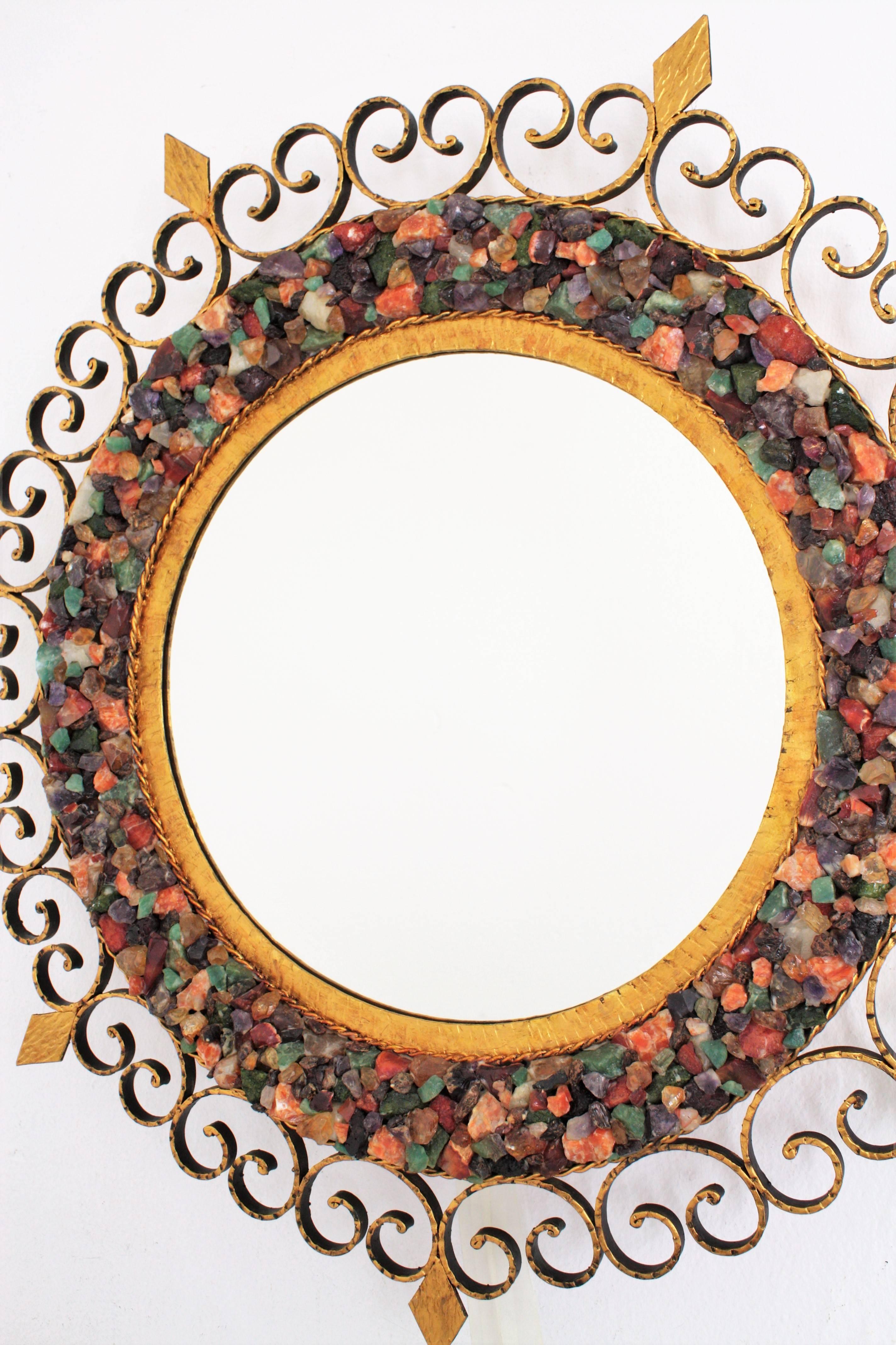 Sunburst Backlit Wall Mirror with Gemstone Gilt Iron Scrollwork Frame In Good Condition For Sale In Barcelona, ES