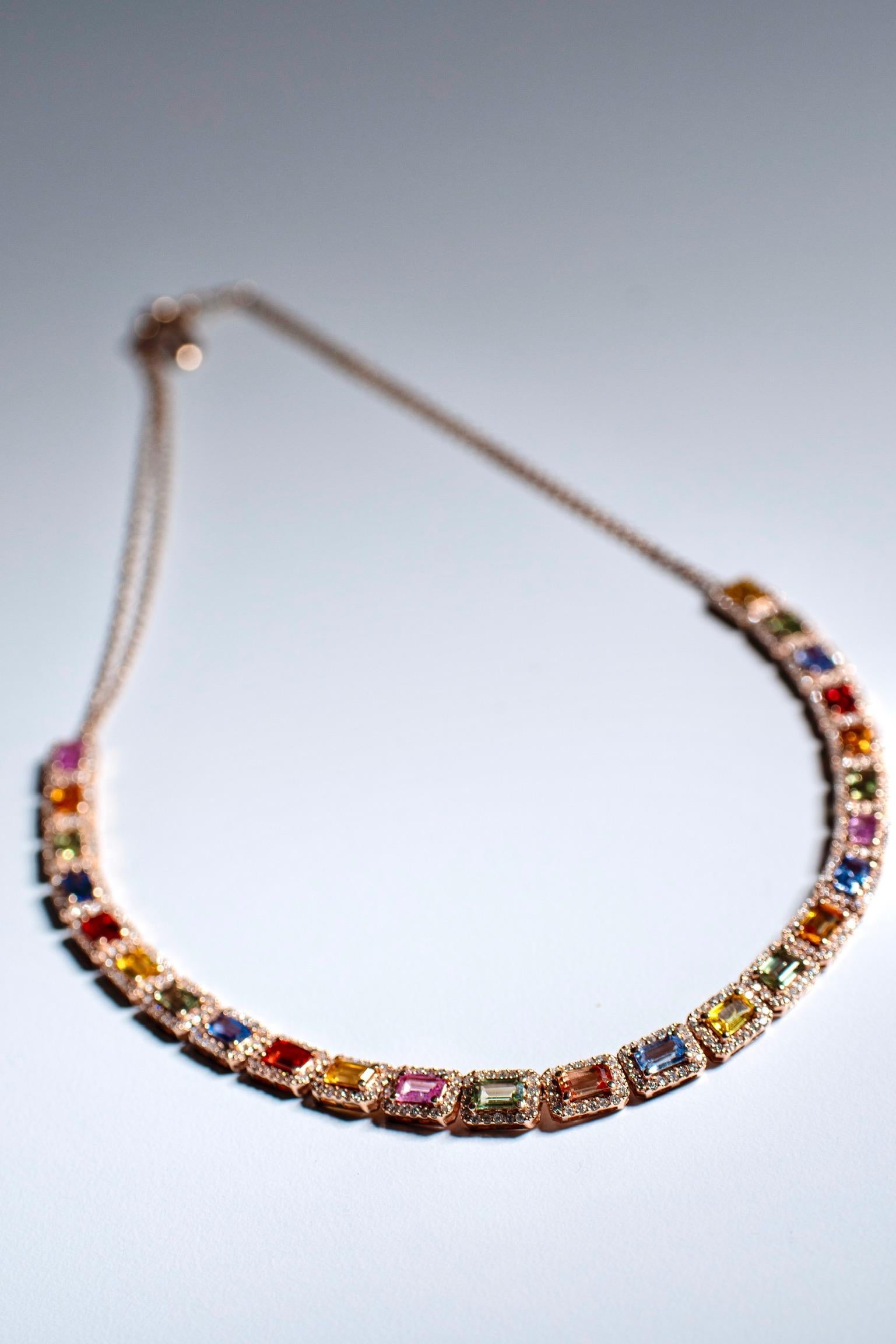 Modern Gemstone Tennis Necklace, Diamond Tennis Choker, Solid Gold Statement Necklace For Sale