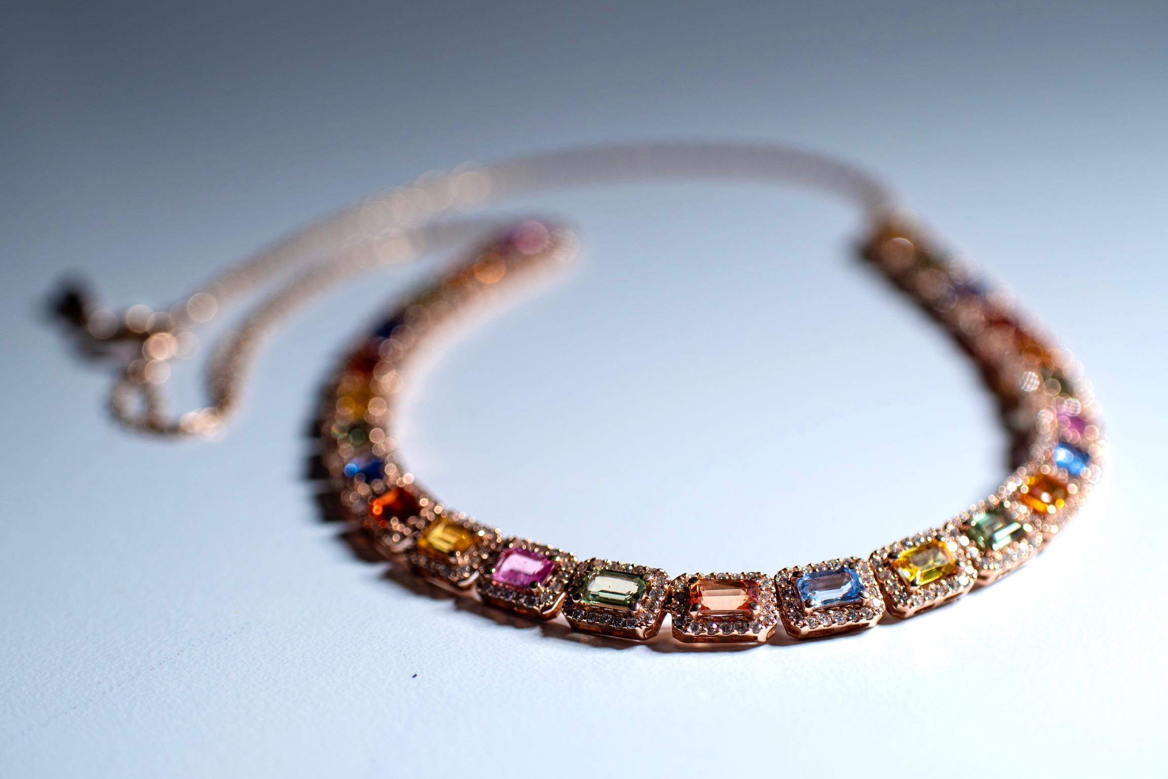 Edelstein-Tennis-Halskette, Diamant-Tennis-Halskette, Statement-Halskette aus massivem Gold (Smaragdschliff) im Angebot