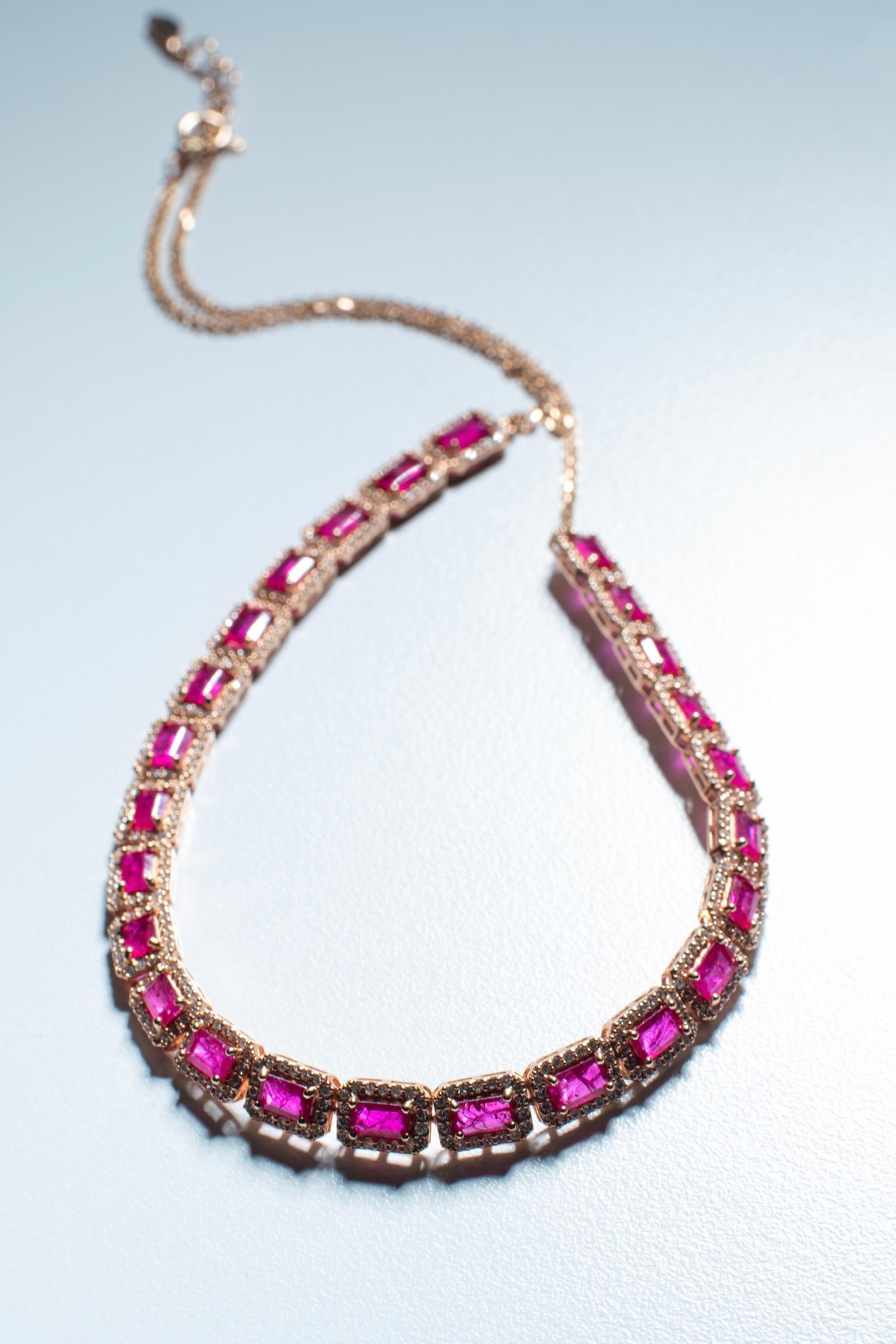 Women's Gemstone Tennis Necklace, Diamond Tennis Choker, Solid Gold Statement Necklace For Sale