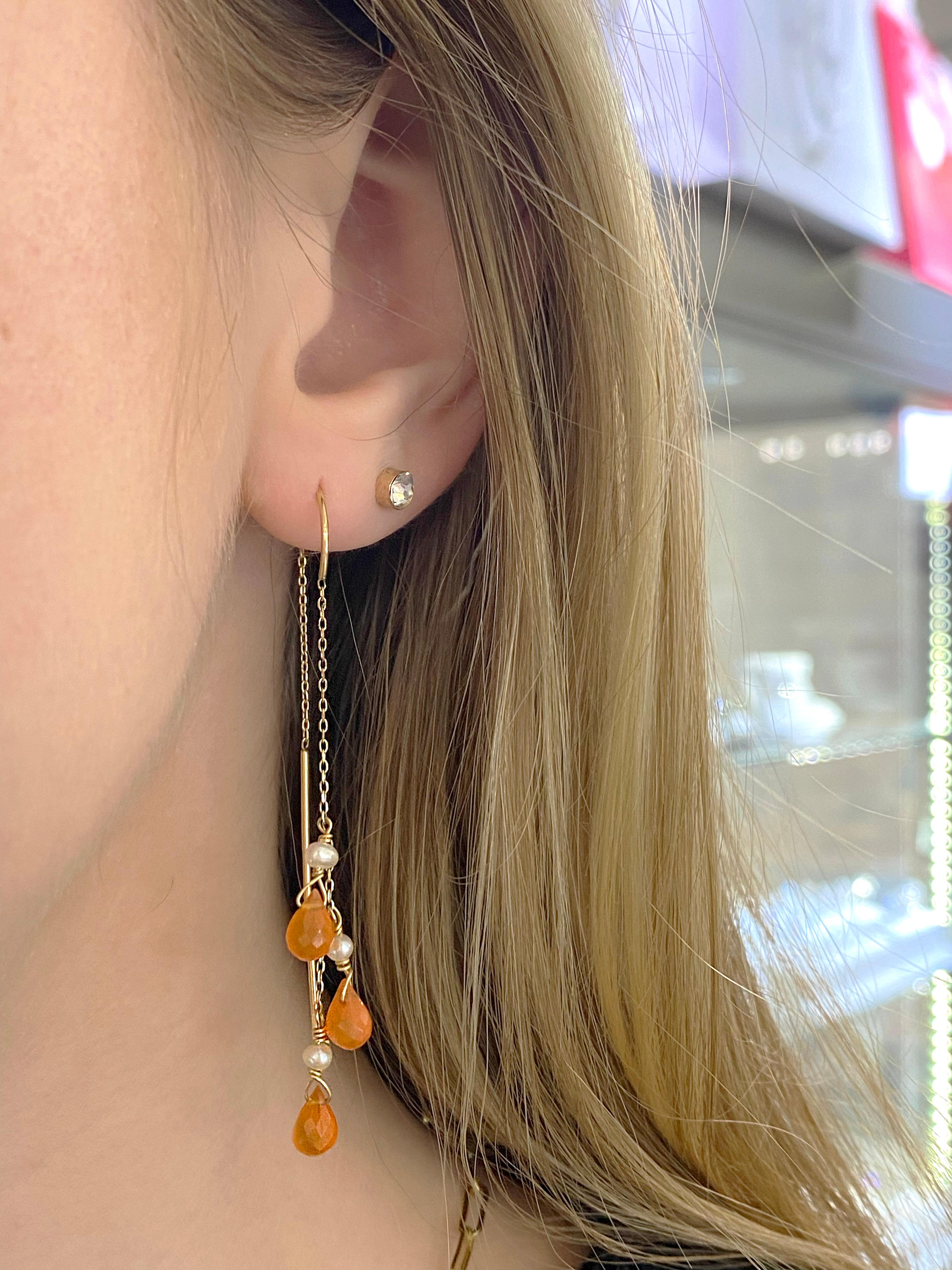Original One-of-a-kind Threader Earrings. All handmade in our shop with the most delicate of hand to produce this intricate design that is absolute a perfect match! The threader is very secure and there is a unique Mexican Fire Opal gemstone that