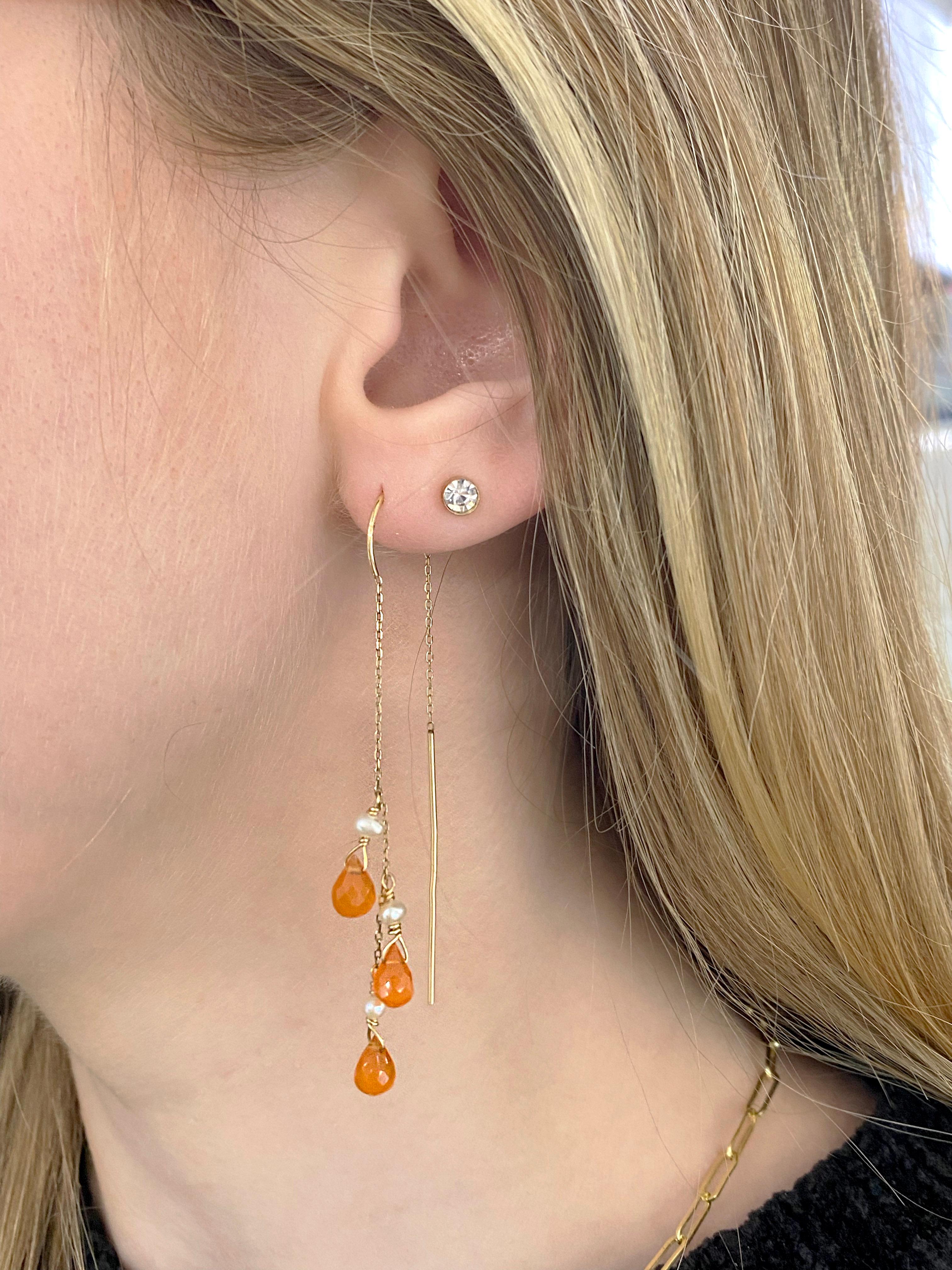 Pear Cut Gemstone Threader Earrings, Mexican Fire Opal and Pearl Earrings, Authentic