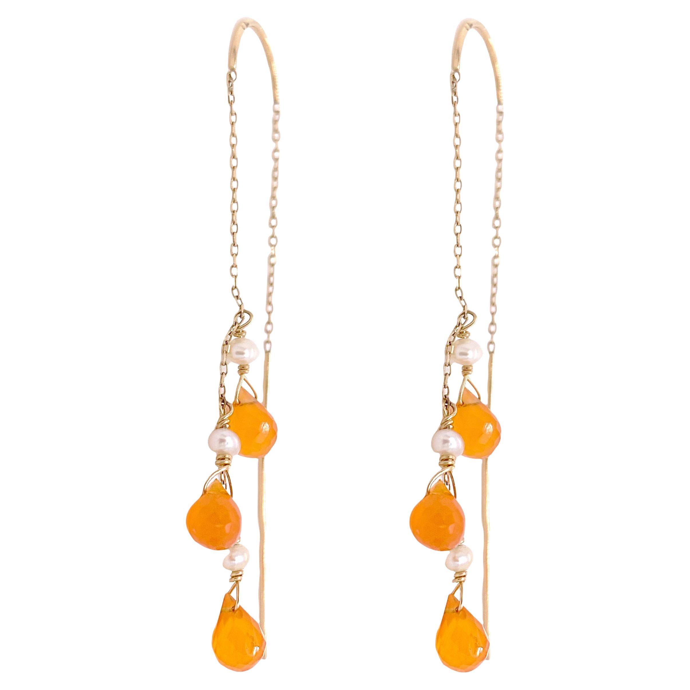 Gemstone Threader Earrings, Mexican Fire Opal and Pearl Earrings, Authentic