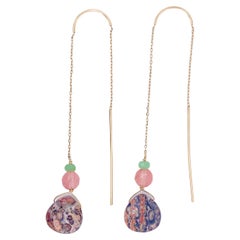 Gemstone Threader Earrings, Yellow Gold, Jasper, Strawberry Quartz, Chalcedony