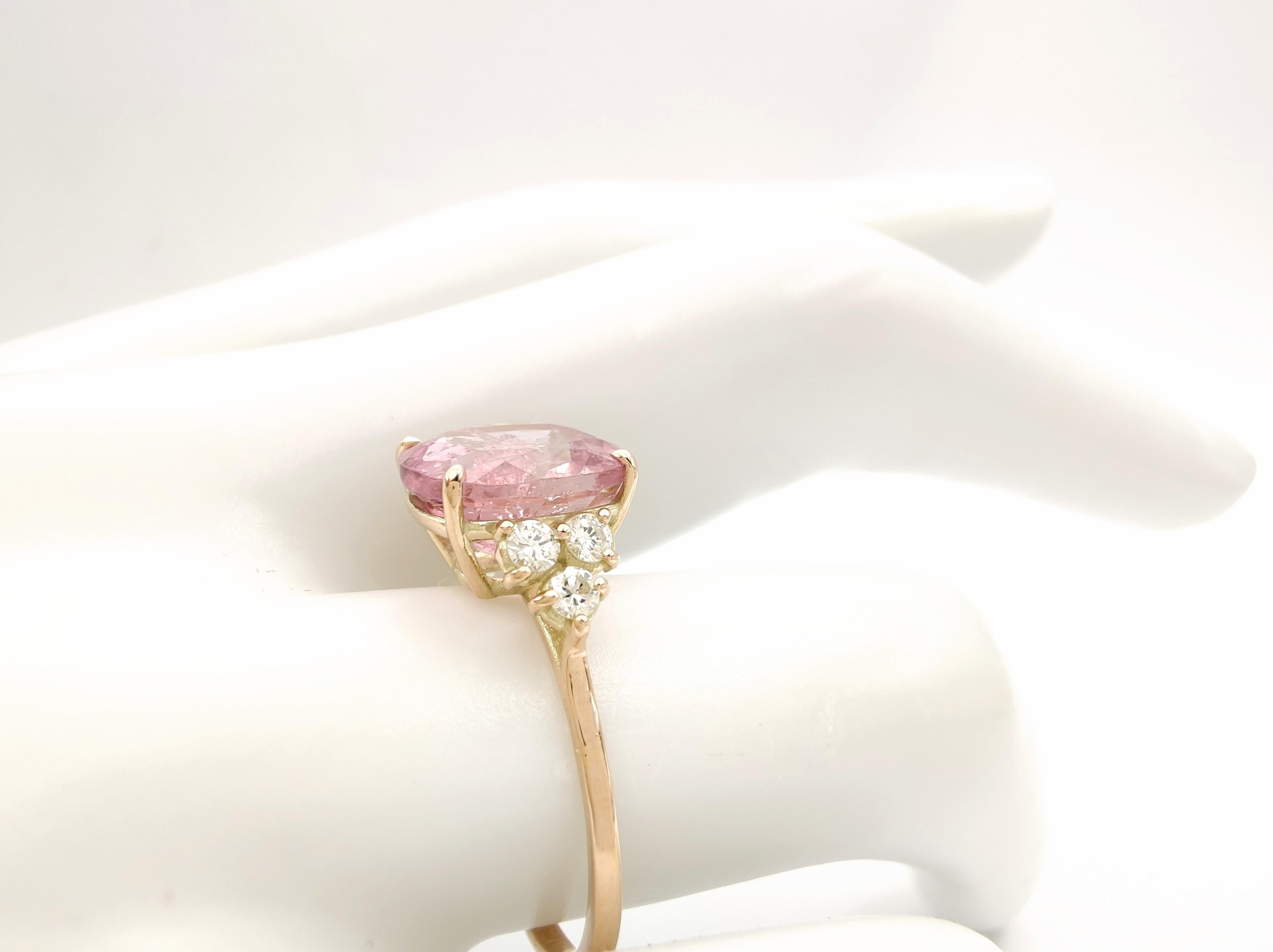 Cushion Cut Square Cushion 14K Solid Gold Pink Tourmaline and Diamond Ring For Sale