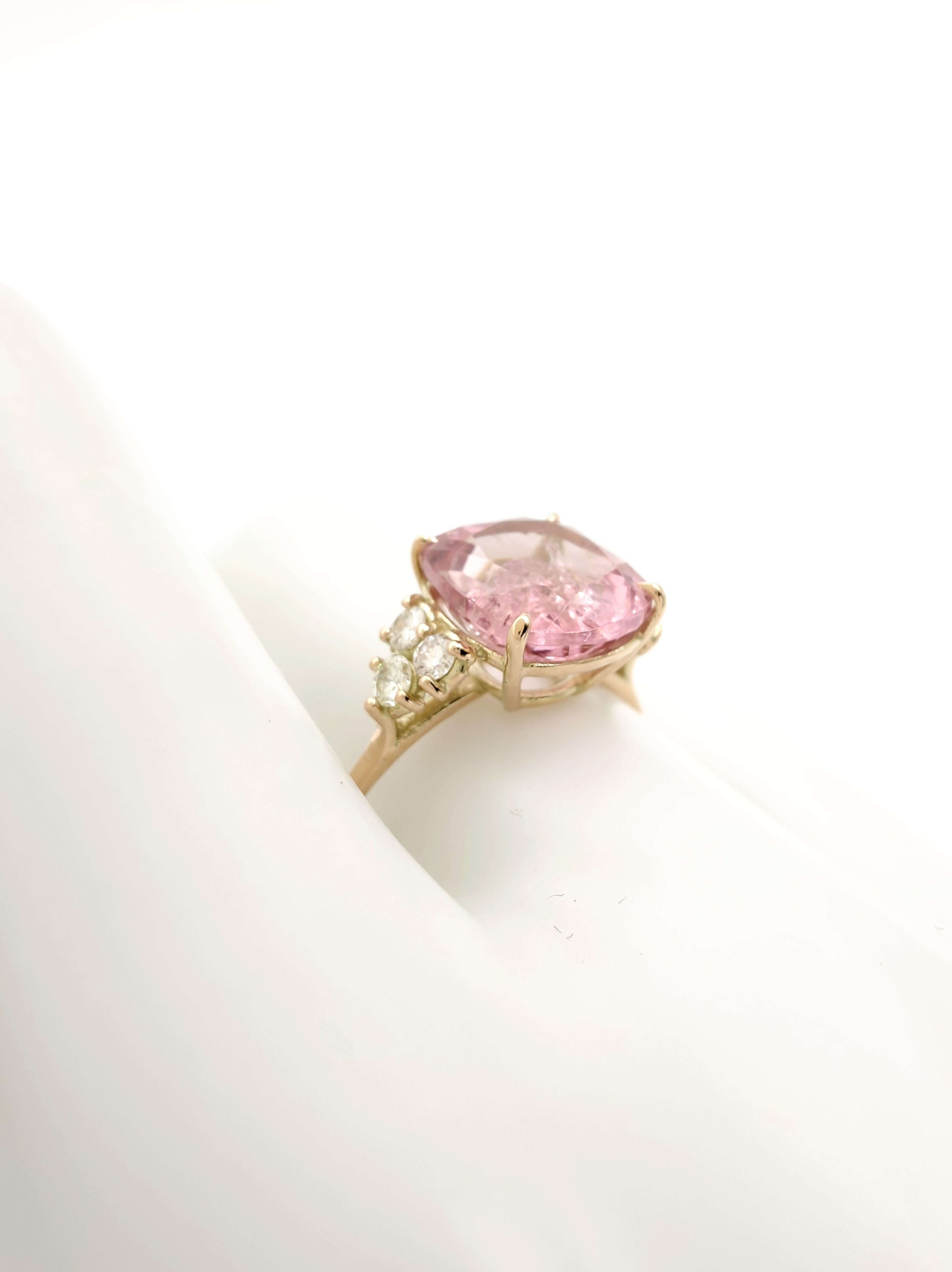 Women's Square Cushion 14K Solid Gold Pink Tourmaline and Diamond Ring For Sale