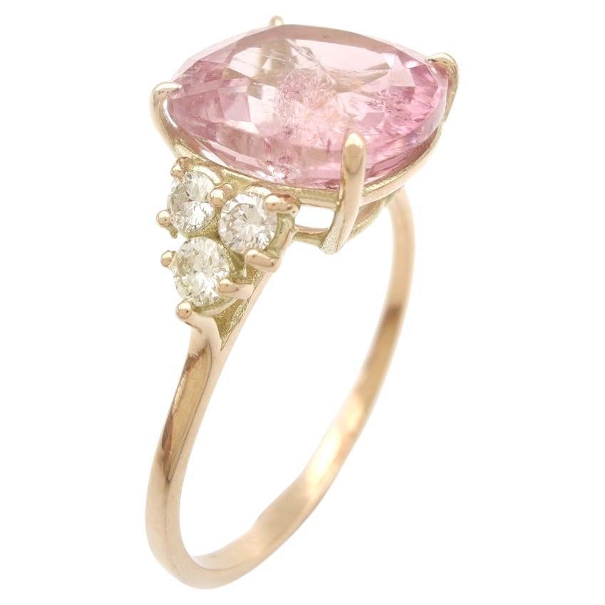 Square Cushion 14K Solid Gold Pink Tourmaline and Diamond Ring