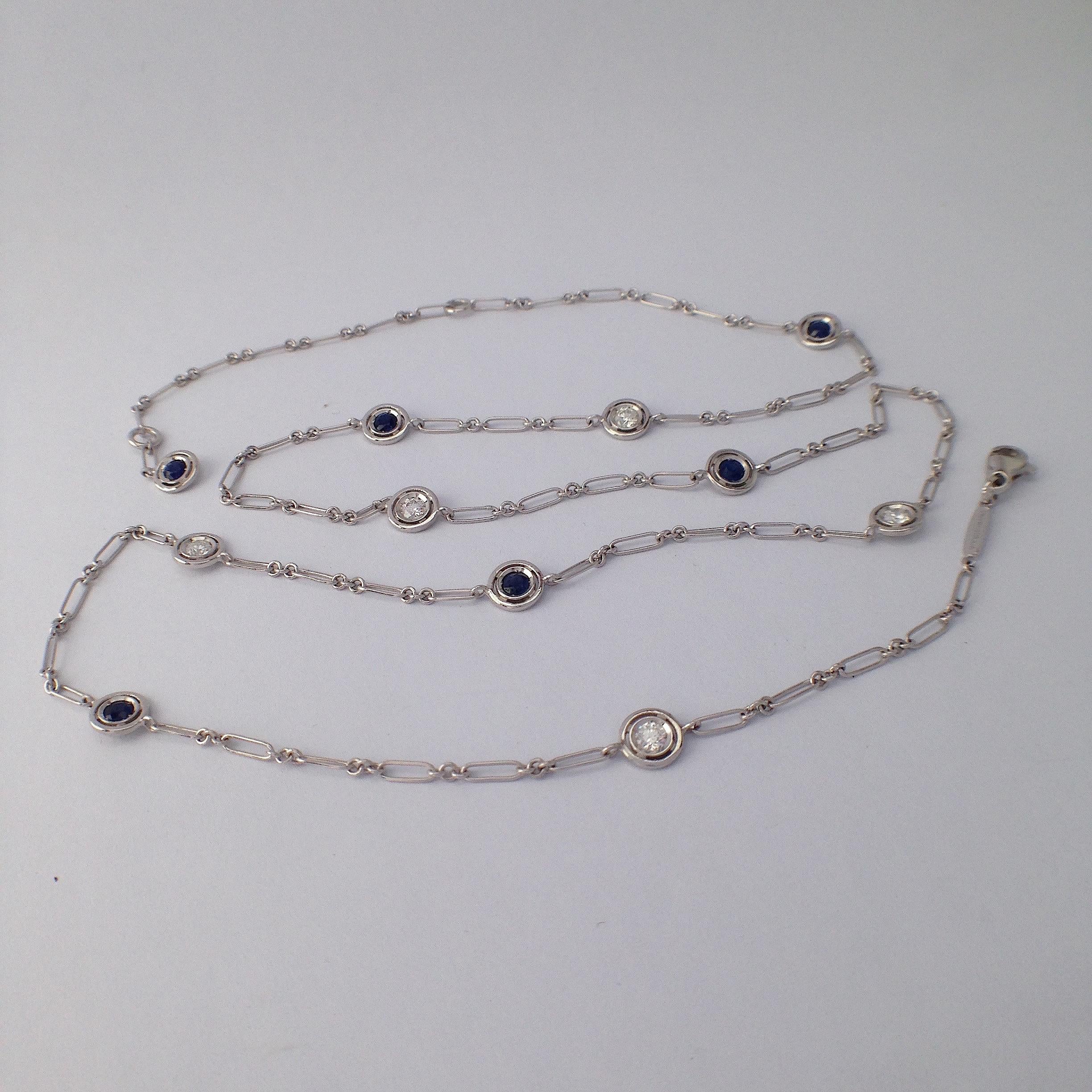 Art Deco Gemstone White Diamond Blue Sapphire 18 Karat White Gold Necklace