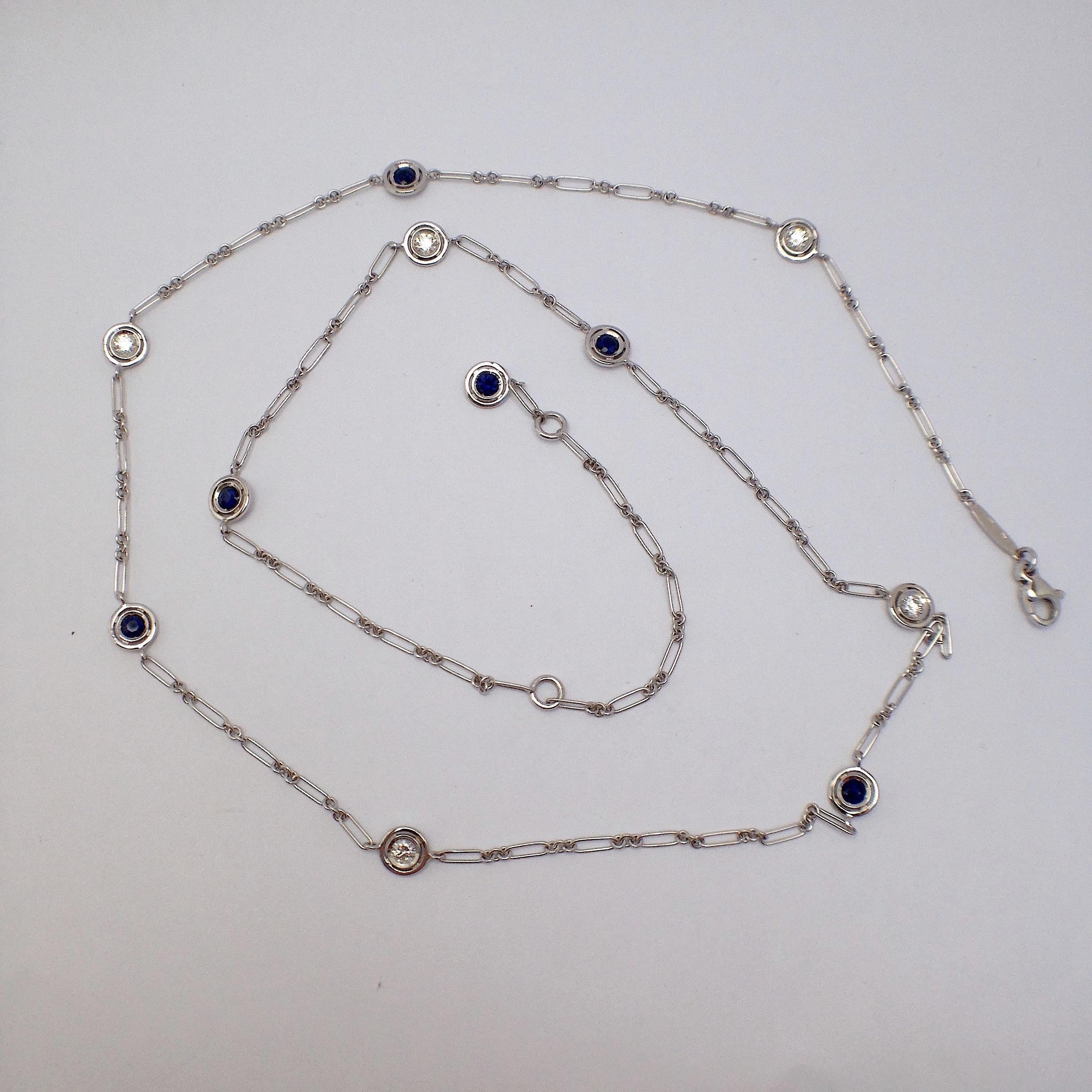 Gemstone White Diamond Blue Sapphire 18 Karat White Gold Necklace In New Condition In Bussolengo, Verona
