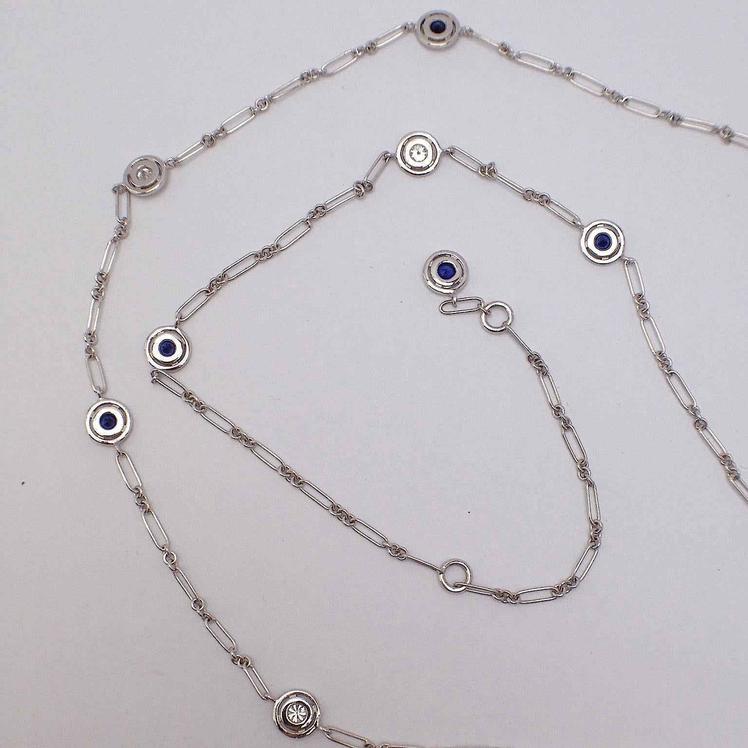 Women's Gemstone White Diamond Blue Sapphire 18 Karat White Gold Necklace