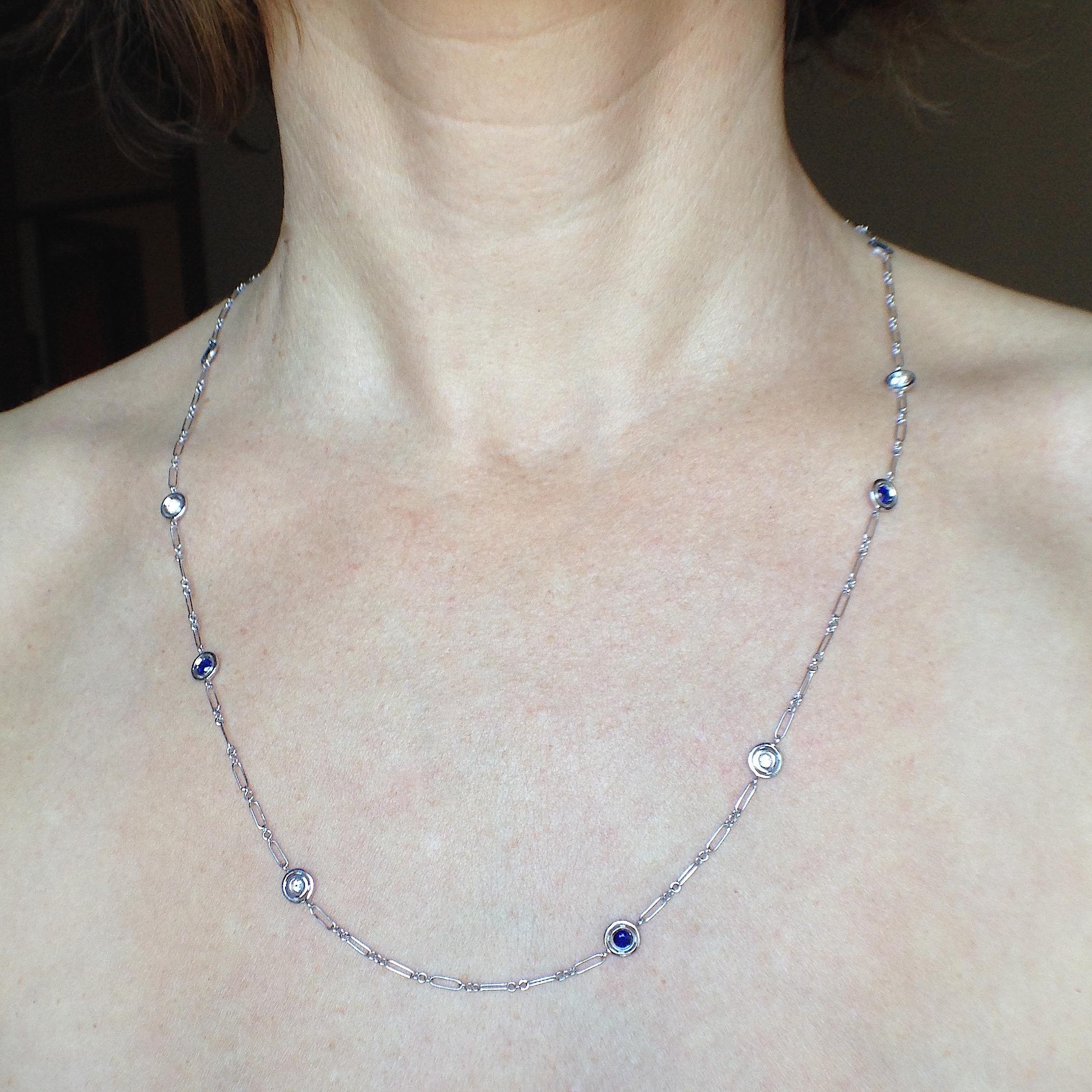 Gemstone White Diamond Blue Sapphire 18 Karat White Gold Necklace 4